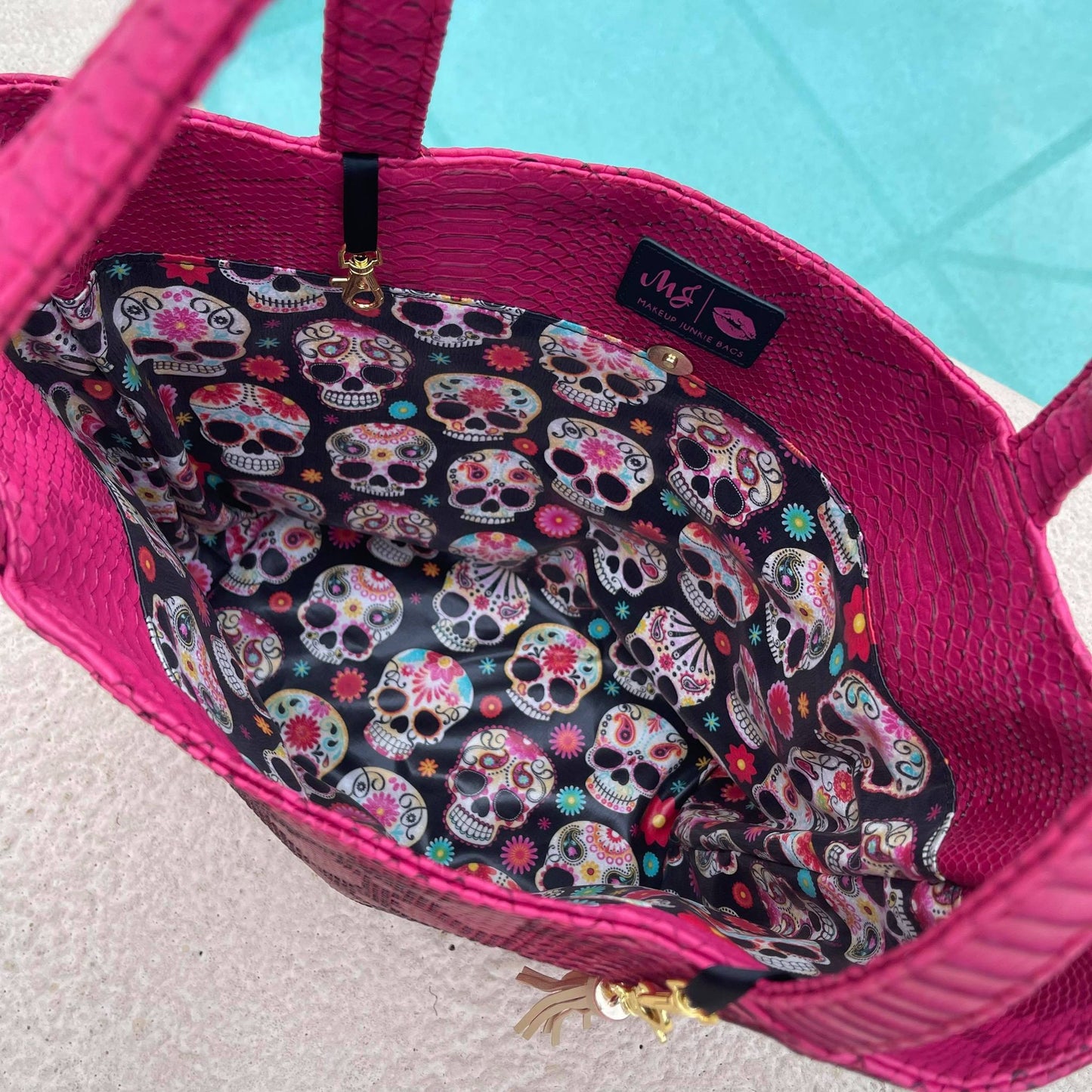 Pink Python Skull Custom Makeup Junkie Daykeeper Tote