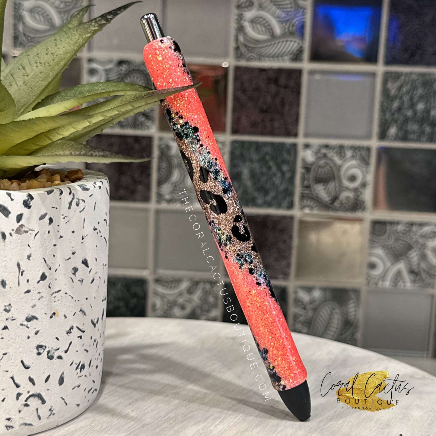 Custom Pen - Gold and Coral Swirl Leopard