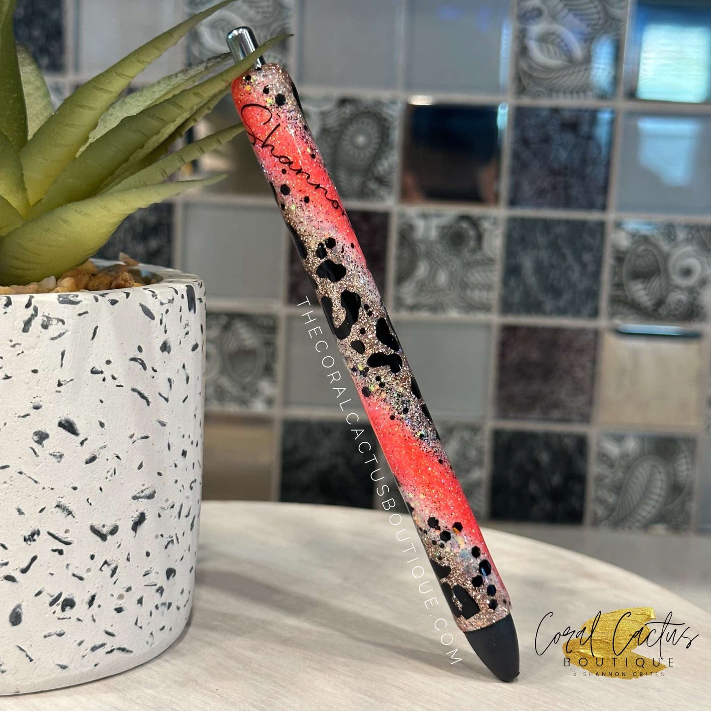 Custom Pen - Gold and Coral Swirl Leopard