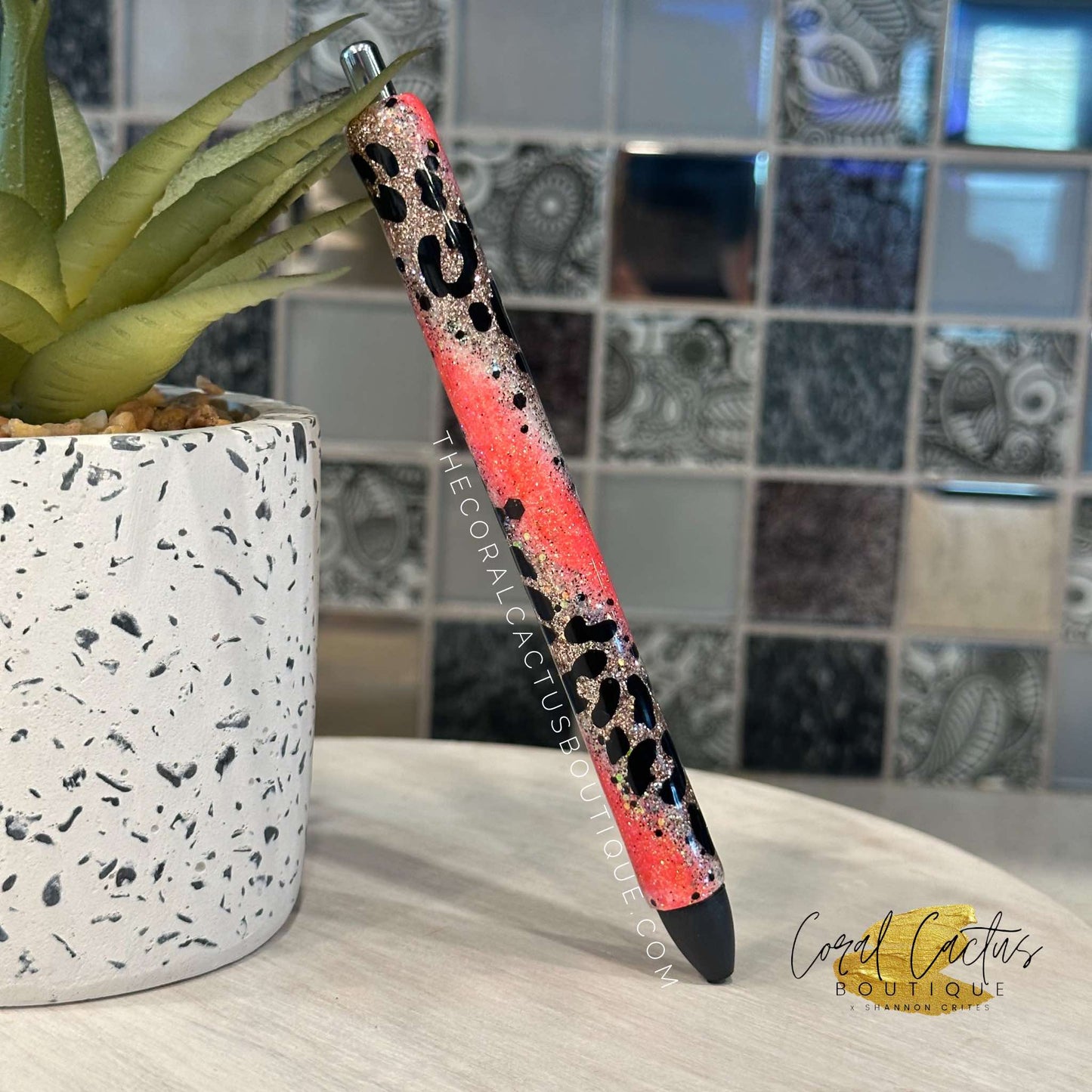 Custom Pen - Gold and Coral Swirl Leopard