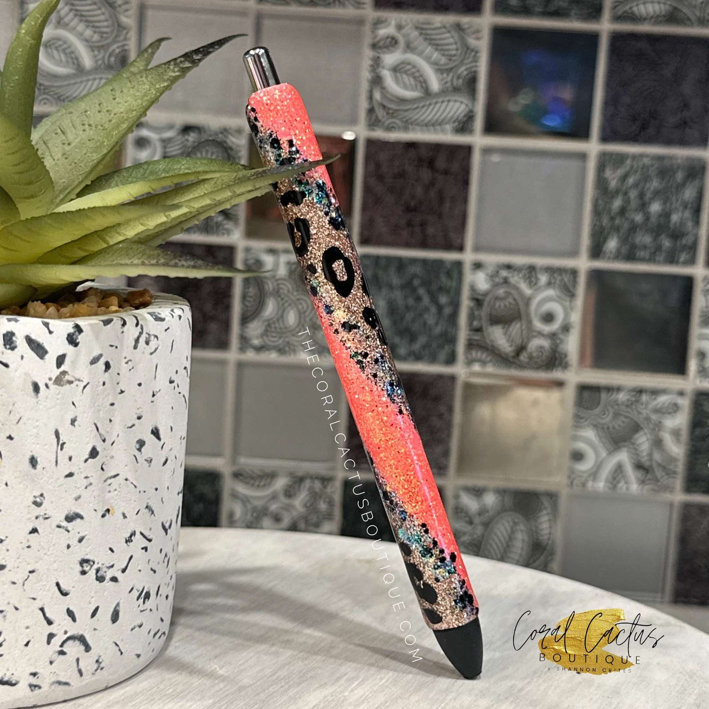 Custom Pen - Gold and Coral Swirl Leopard