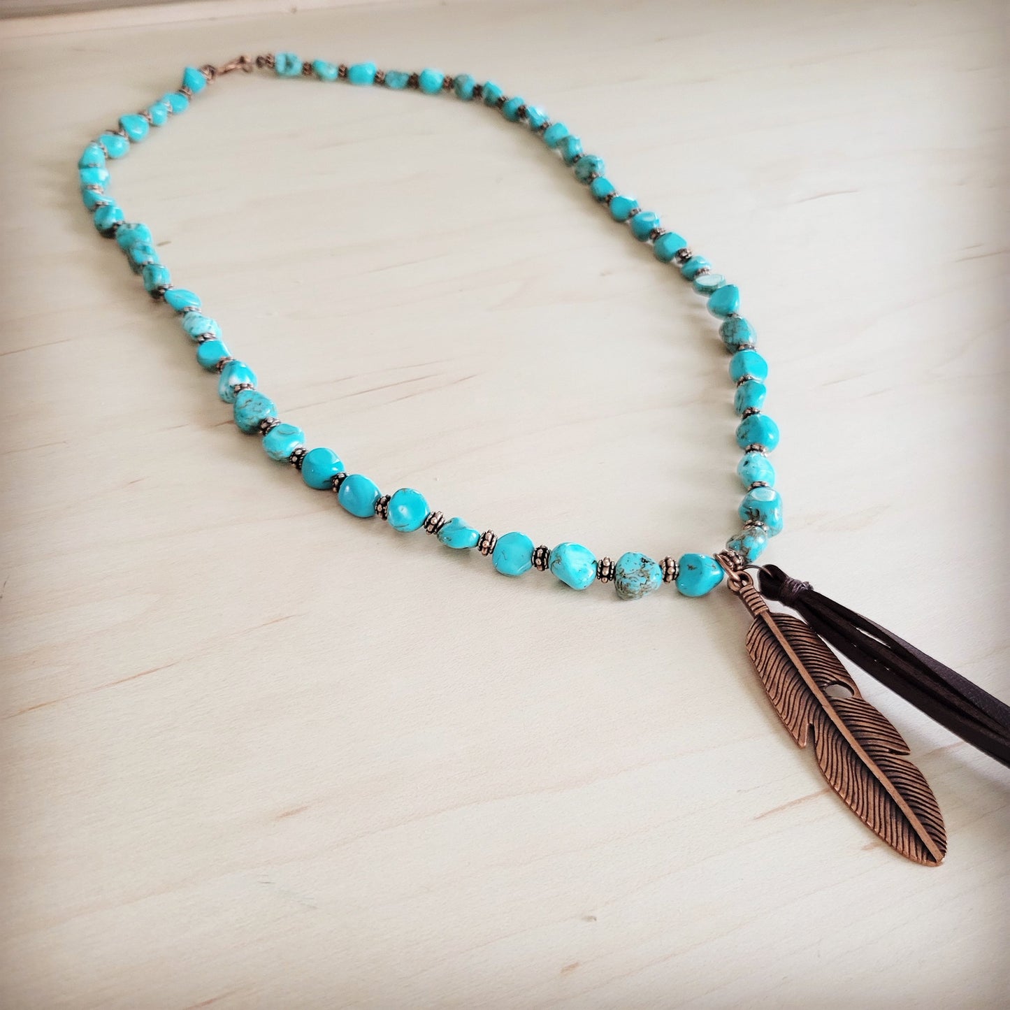 Turquoise & Copper Necklace w/ Feather Tassel Pendant 264c
