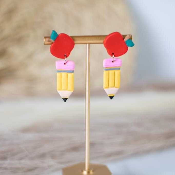 Teacher Apple Pencil Clay Dangle Earrings
