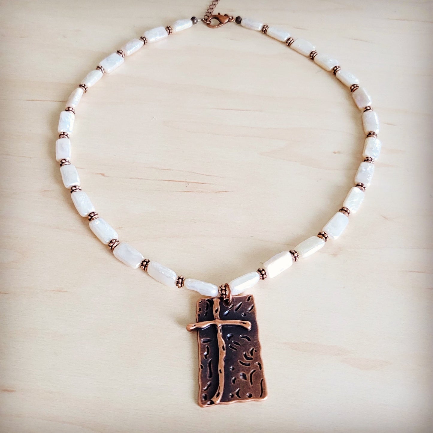 Rectangle Freshwater Pearl & Copper Necklace w/ Antique Cross Pendant 264a