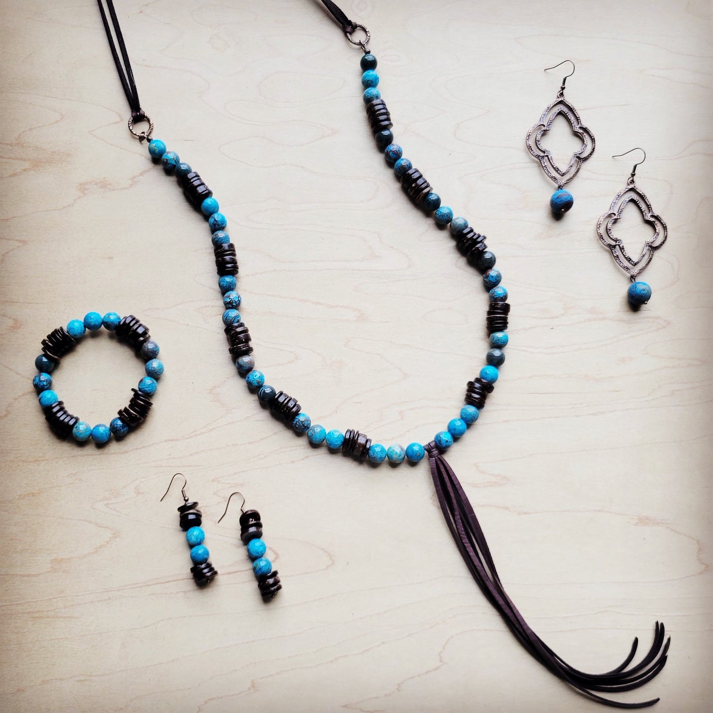 **Ocean Agate and Wood Drop Earrings 225c
