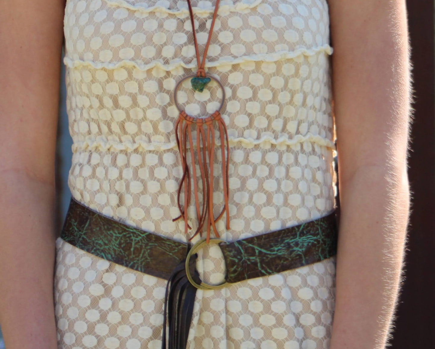 **Tan Vegan Leather Dream Catcher Necklace with Natural Turquoise 246t