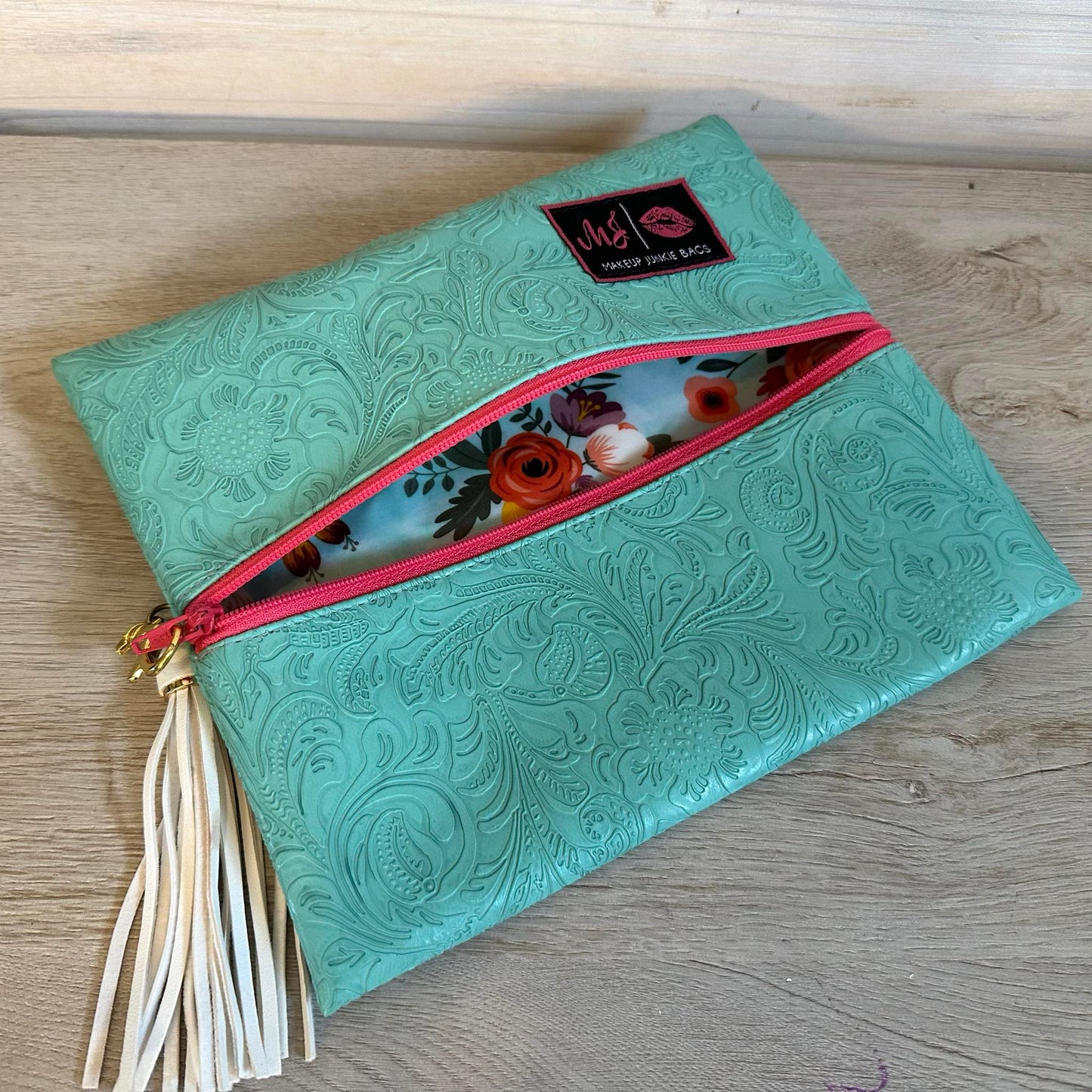 Teal Tooled Floral Custom Makeup Junkie Bag
