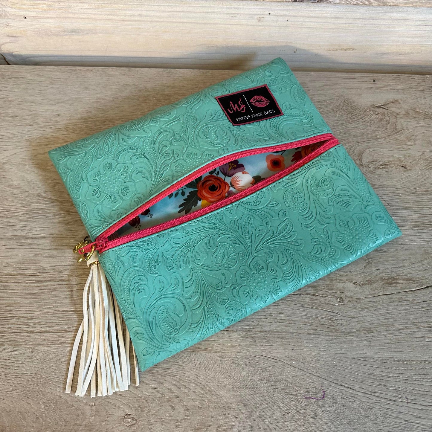 Teal Tooled Floral Custom Makeup Junkie Bag