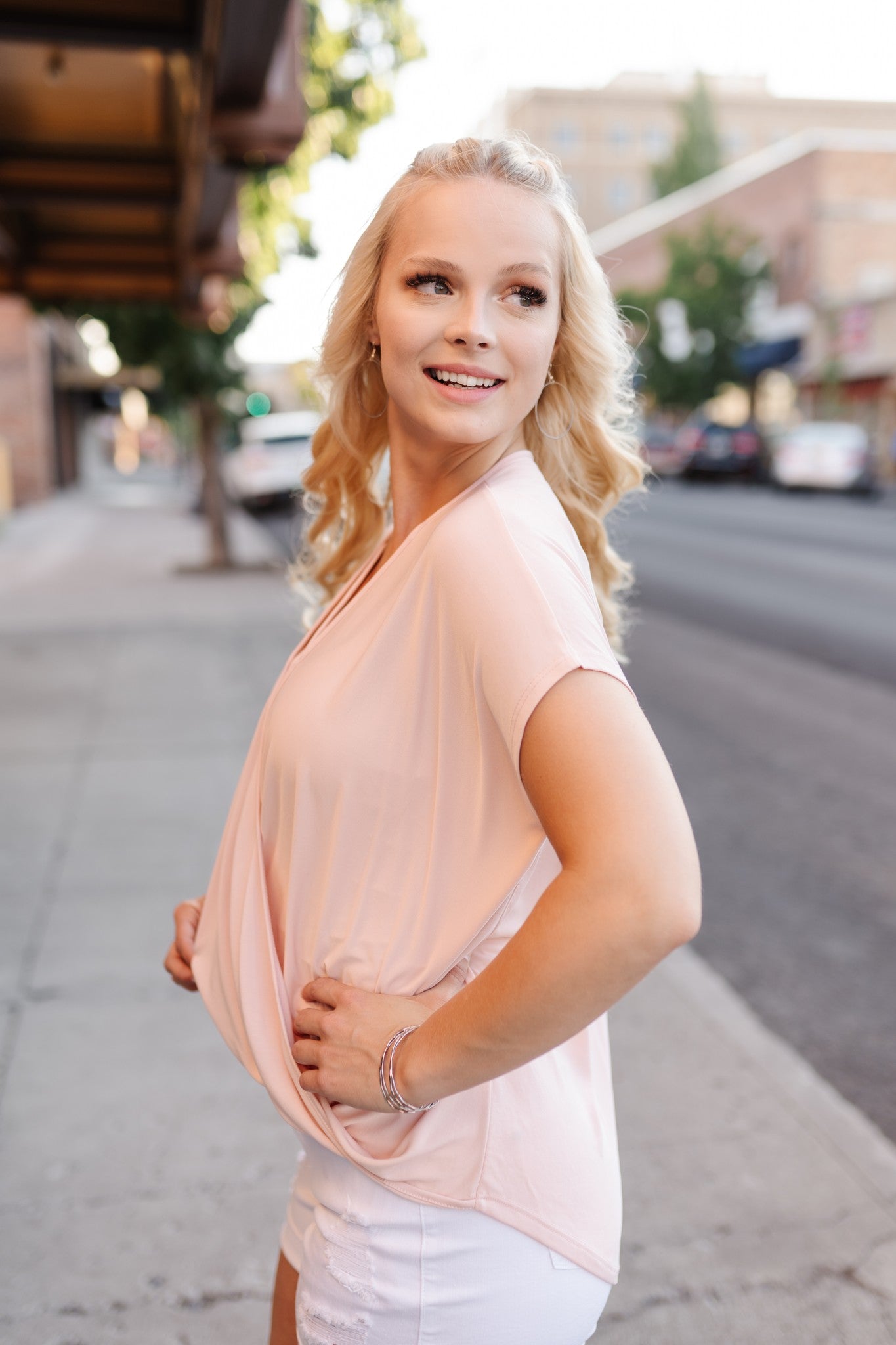 Stay Fancy Surplice Top In Blush