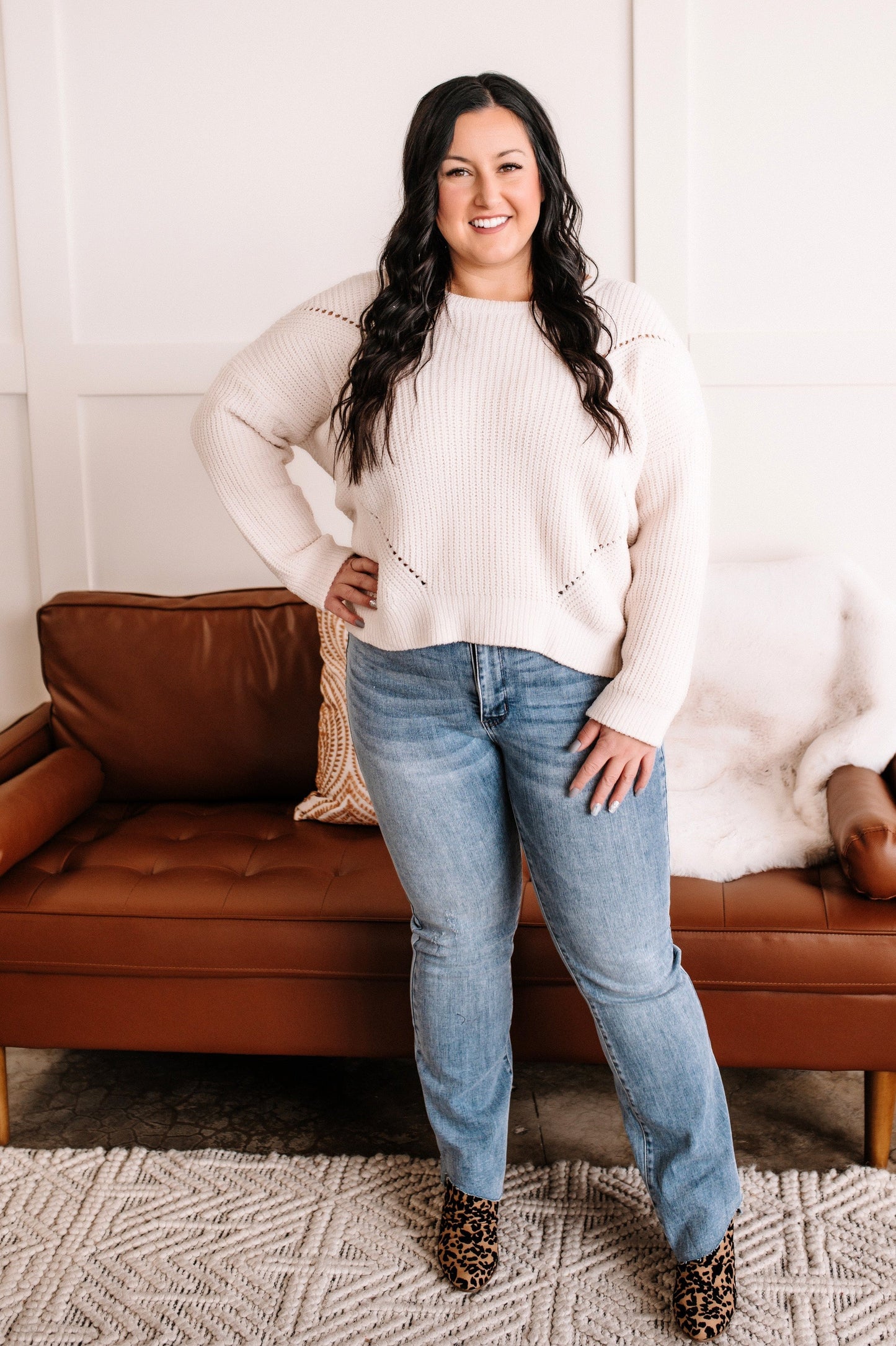 Take It Easy Chenille Twist Back Sweater In Snowflake