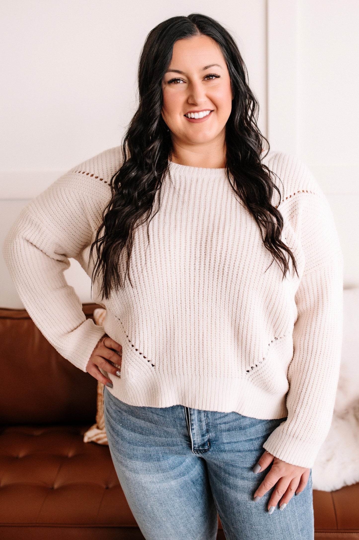 Take It Easy Chenille Twist Back Sweater In Snowflake