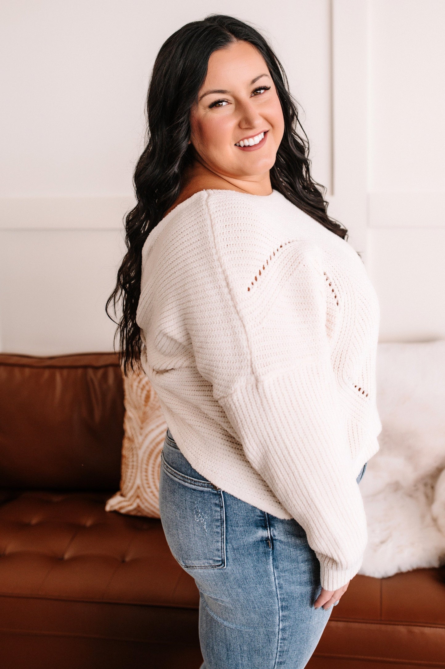 Take It Easy Chenille Twist Back Sweater In Snowflake