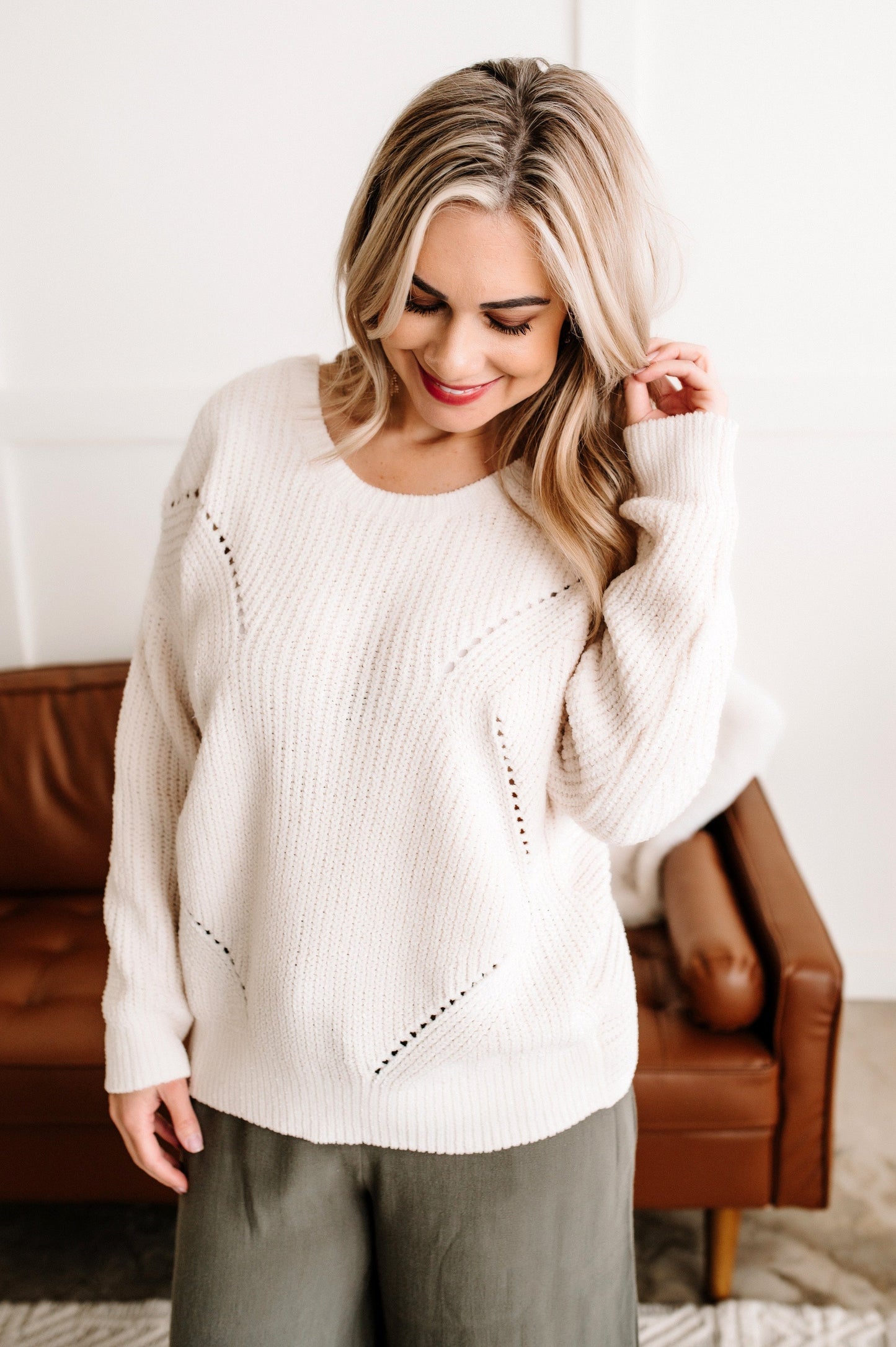 Take It Easy Chenille Twist Back Sweater In Snowflake