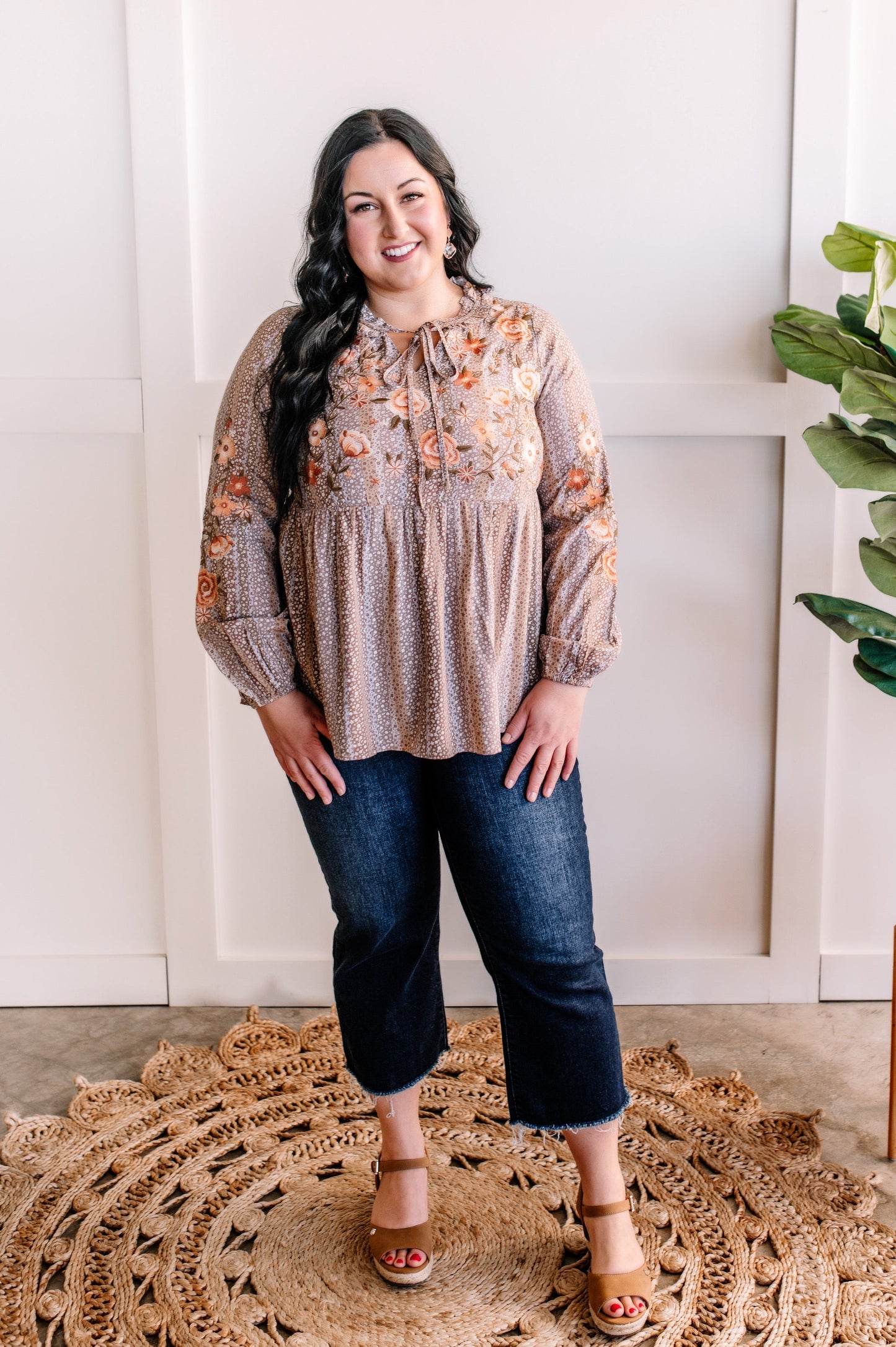 Savanna Jane Mocha Floral Embroidered Blouse