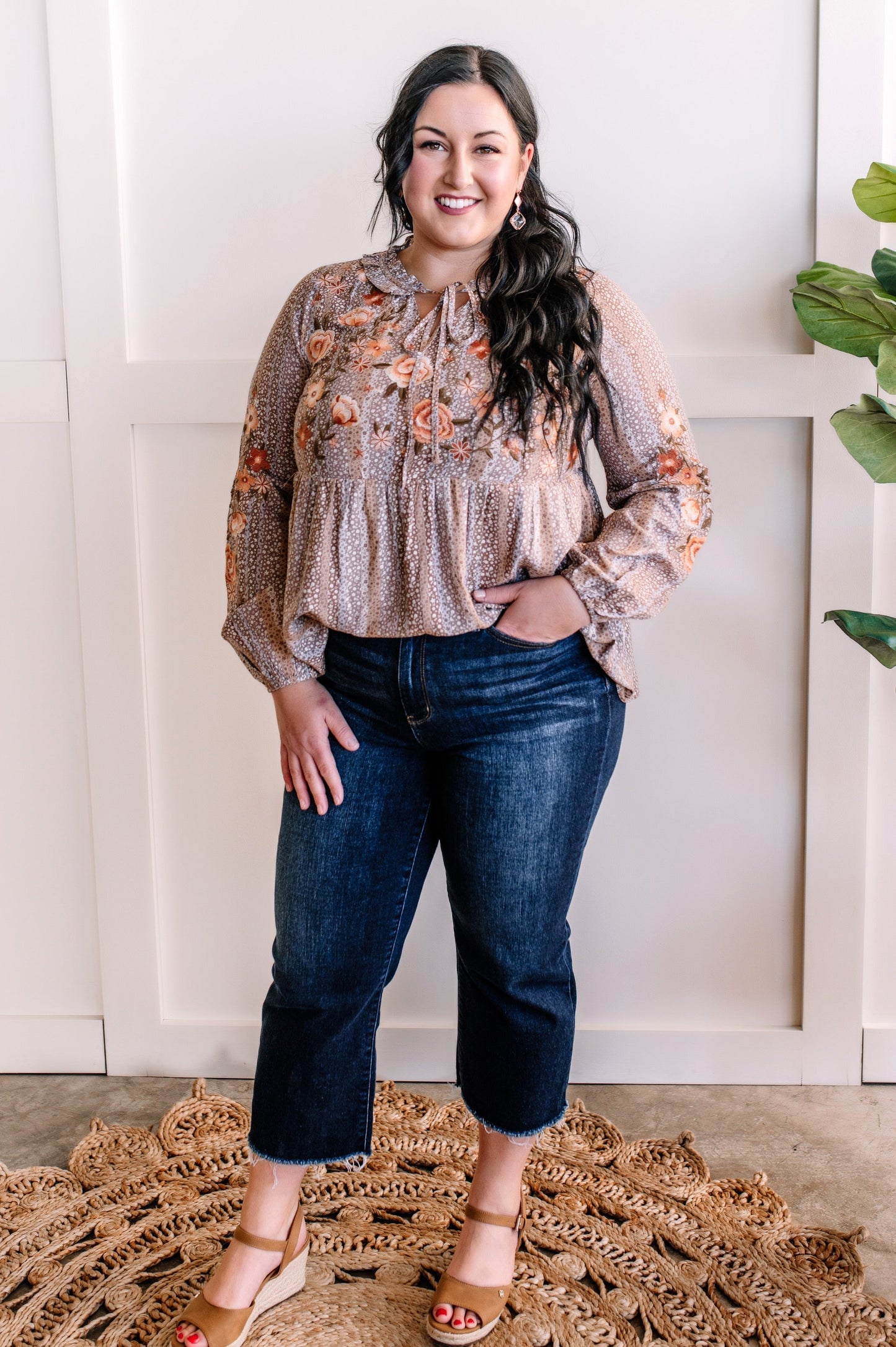 Savanna Jane Mocha Floral Embroidered Blouse
