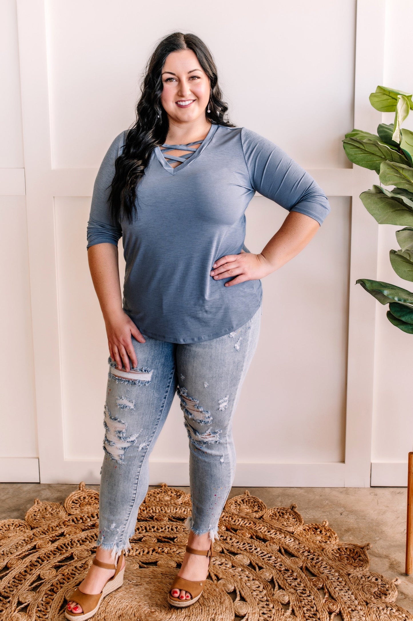 V Neck Stretchy Criss Cross Top In Peaceful Blue