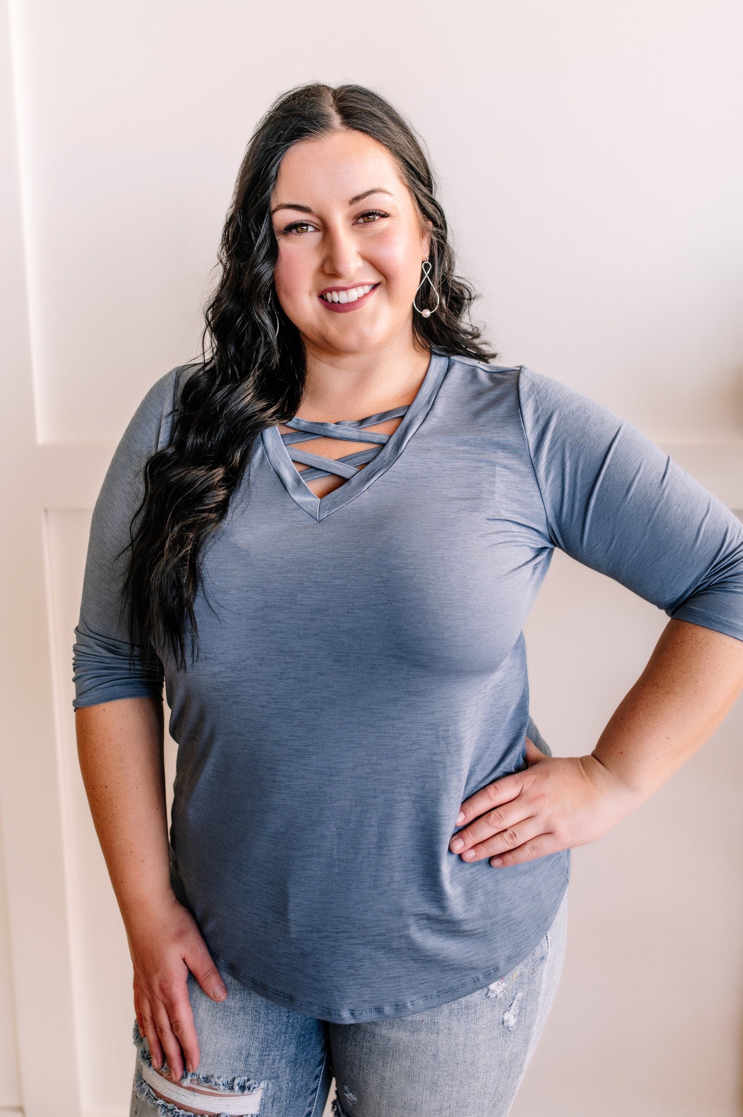 V Neck Stretchy Criss Cross Top In Peaceful Blue