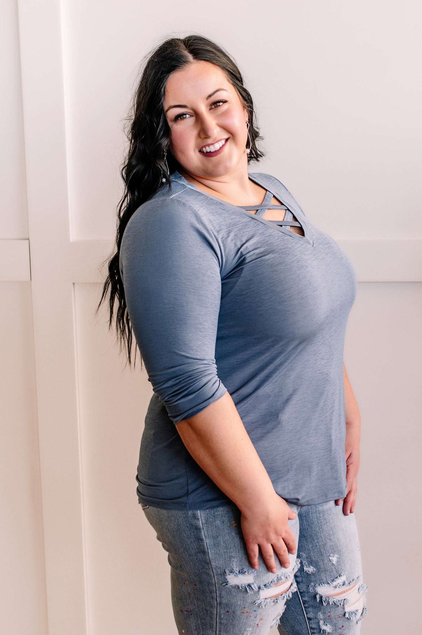 V Neck Stretchy Criss Cross Top In Peaceful Blue