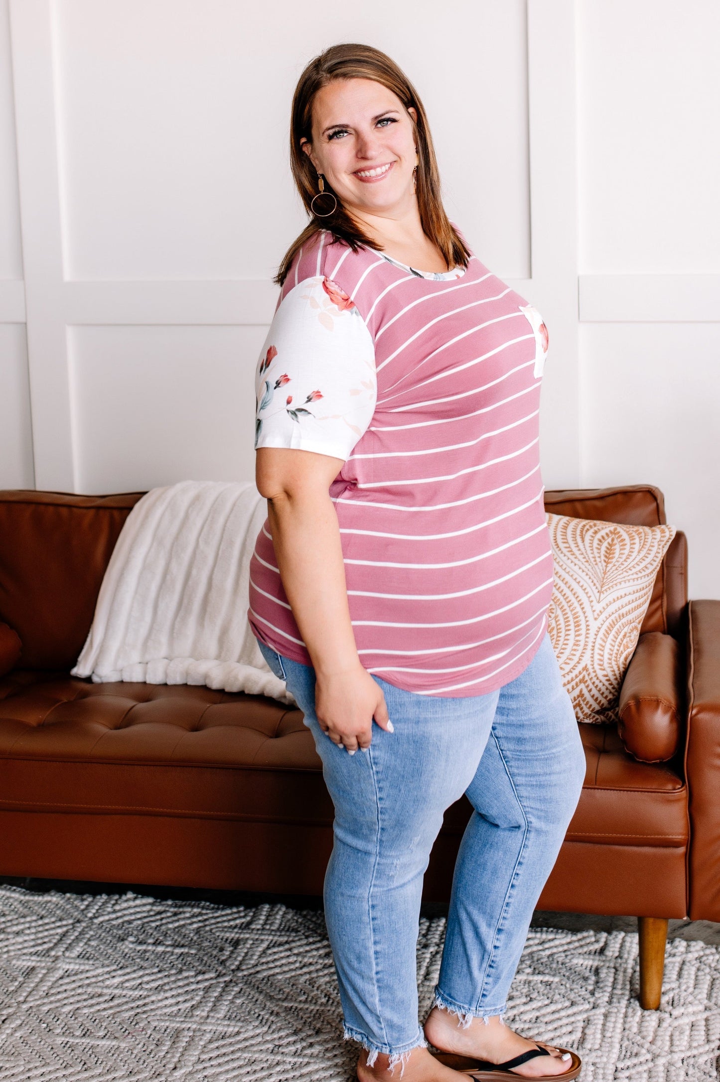 Right At Home Marsala & Ivory Floral Pocket Top