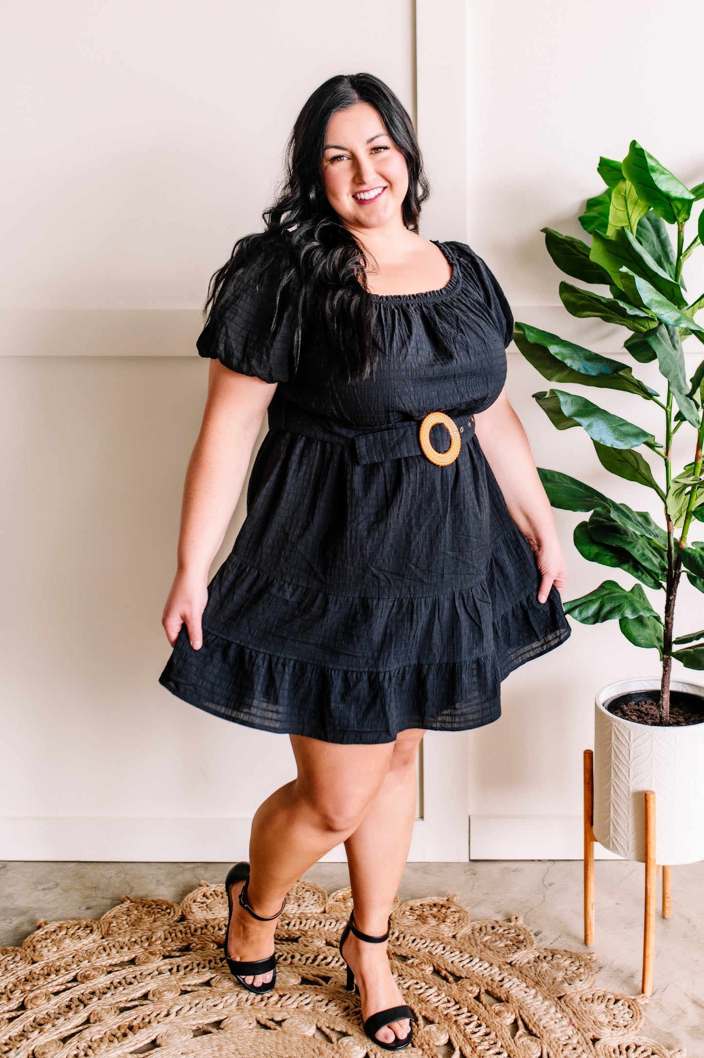 Puff Sleeve Belted Tiered Dress In Black