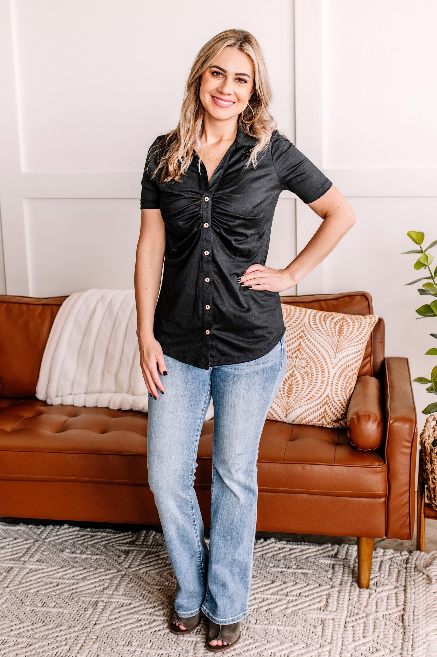 Ruched Button Down Top In Black