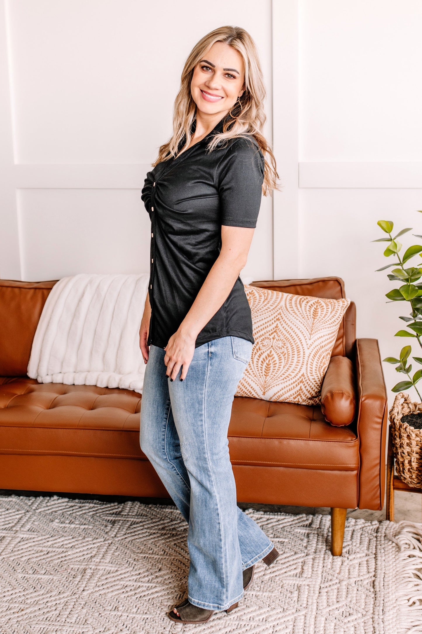 Ruched Button Down Top In Black