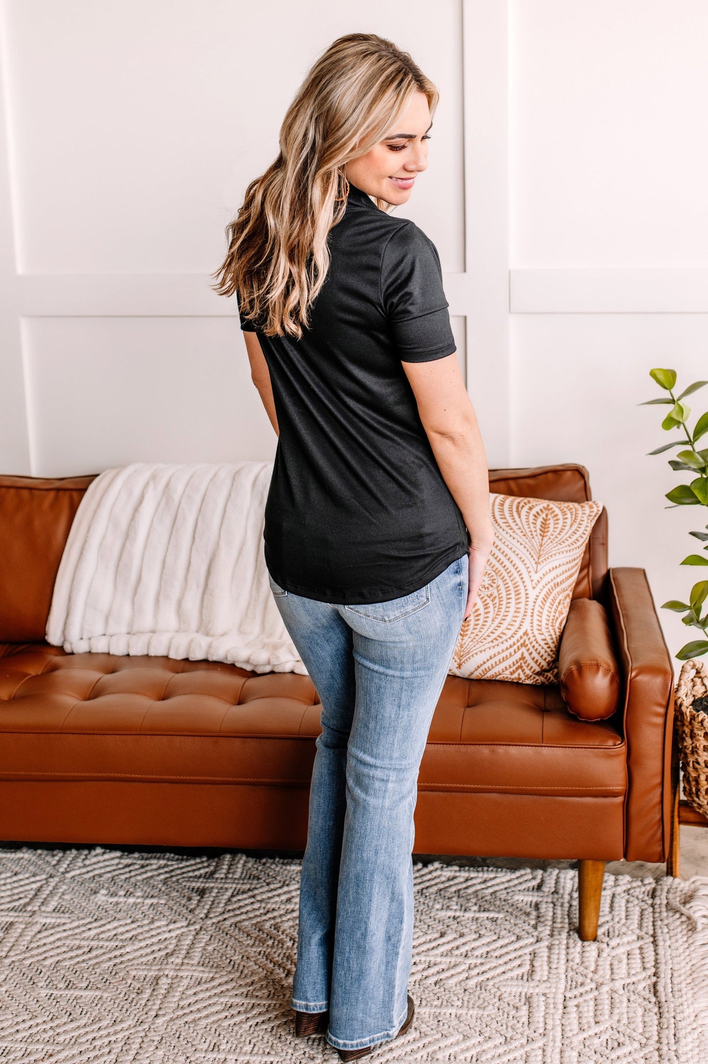 Ruched Button Down Top In Black