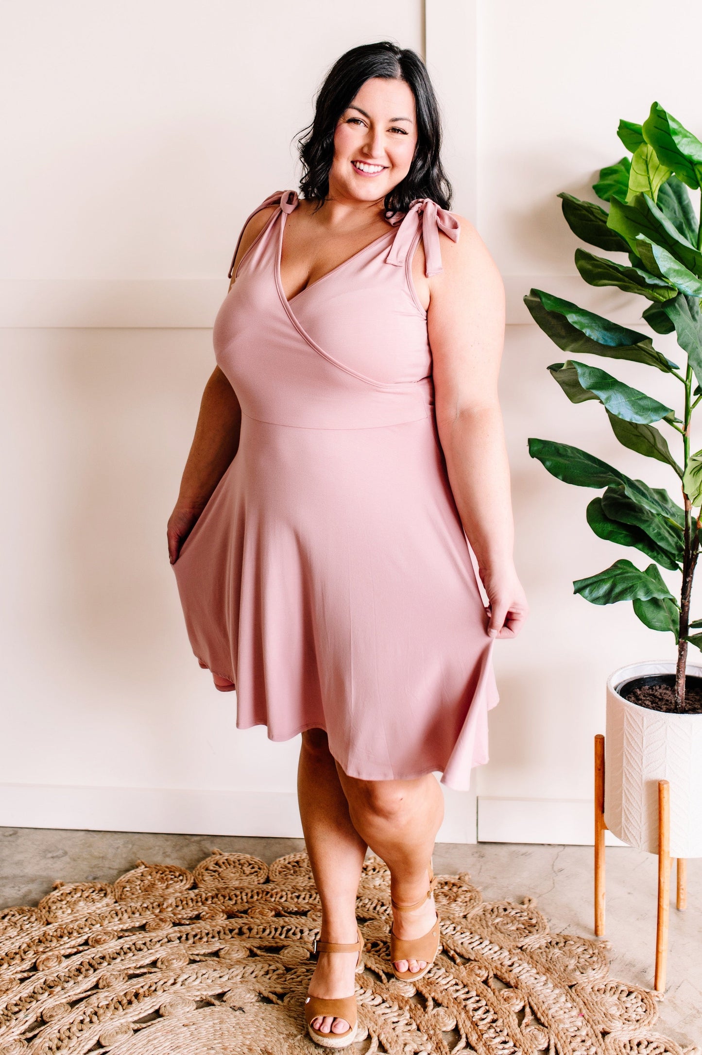 Tie Shoulder Surplice Dress In Soft Pink