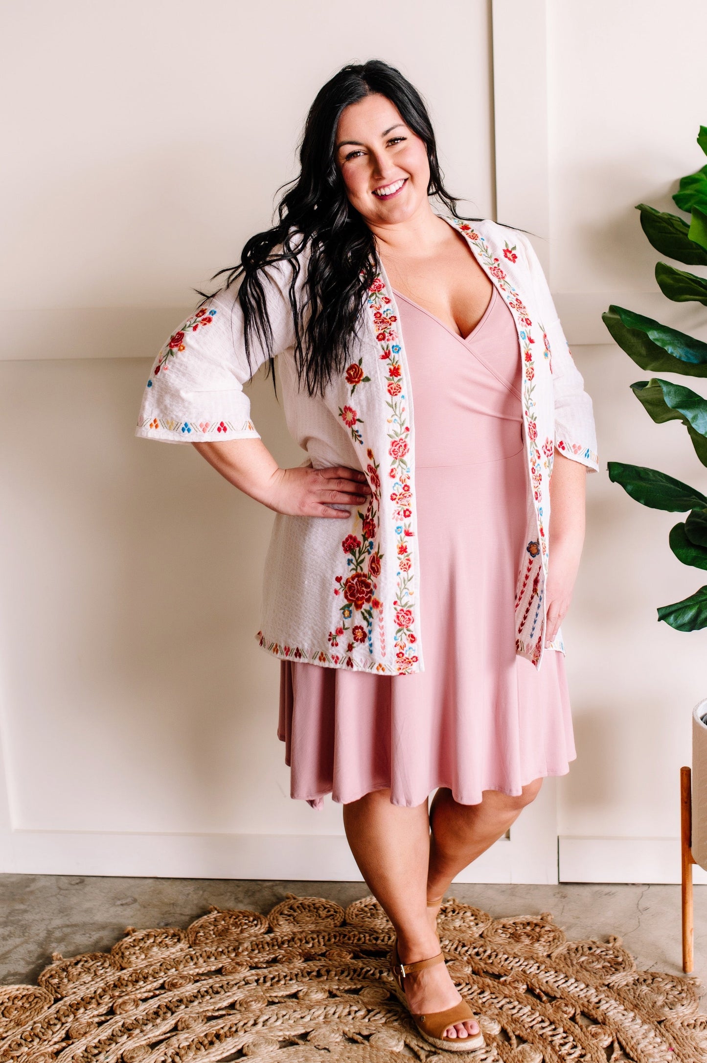 Savanna Jane Open Front Floral Embroidered Cardigan In Cream Floral
