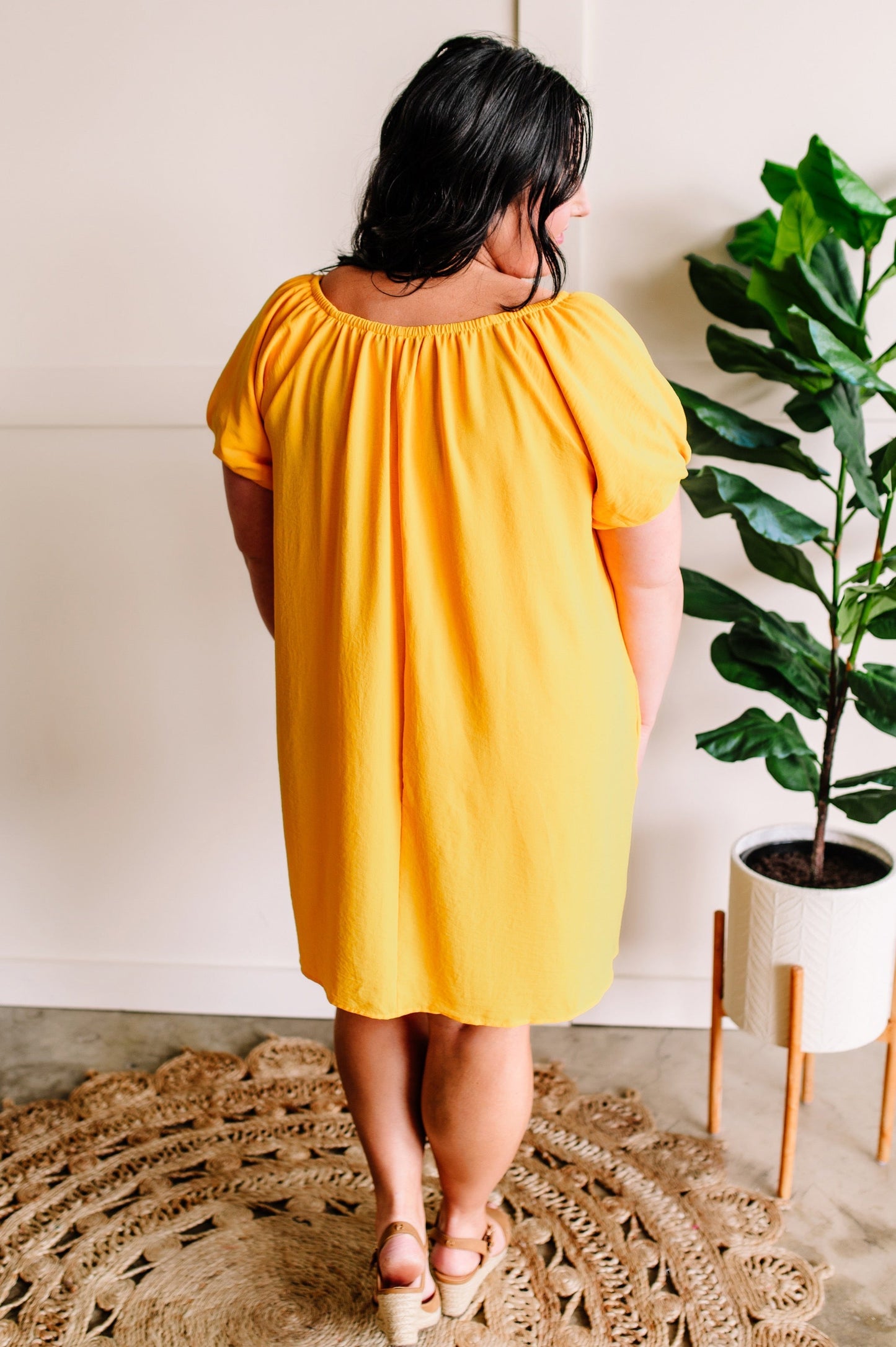 Sunshine Yellow Balloon Sleeve Lined Dress