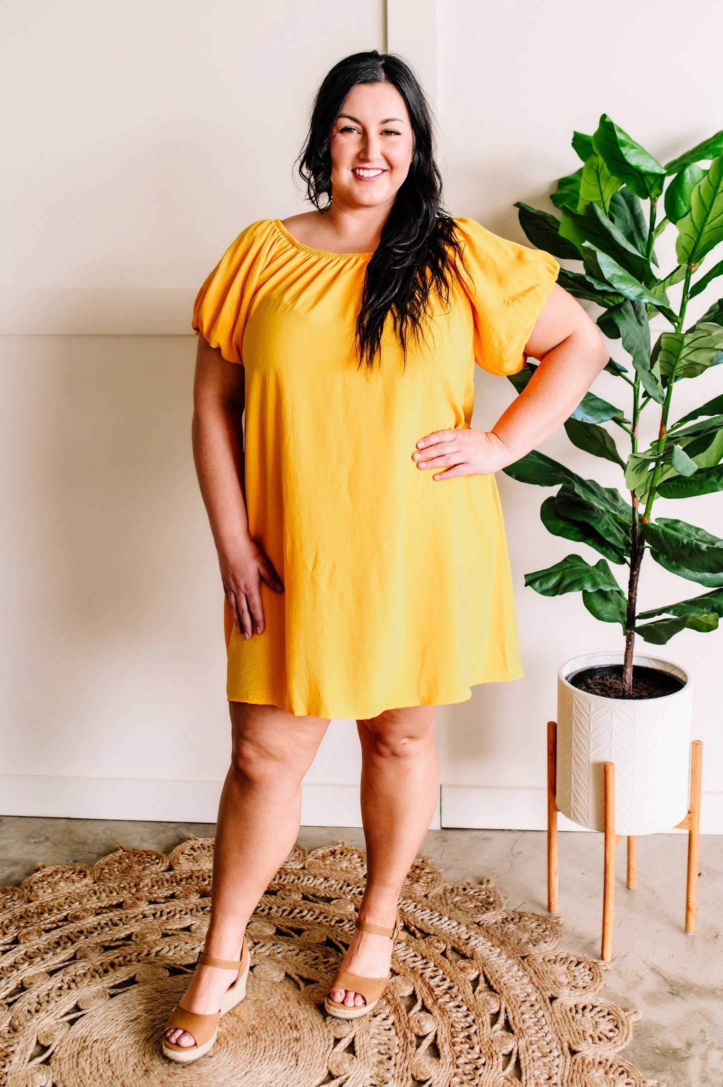 Sunshine Yellow Balloon Sleeve Lined Dress