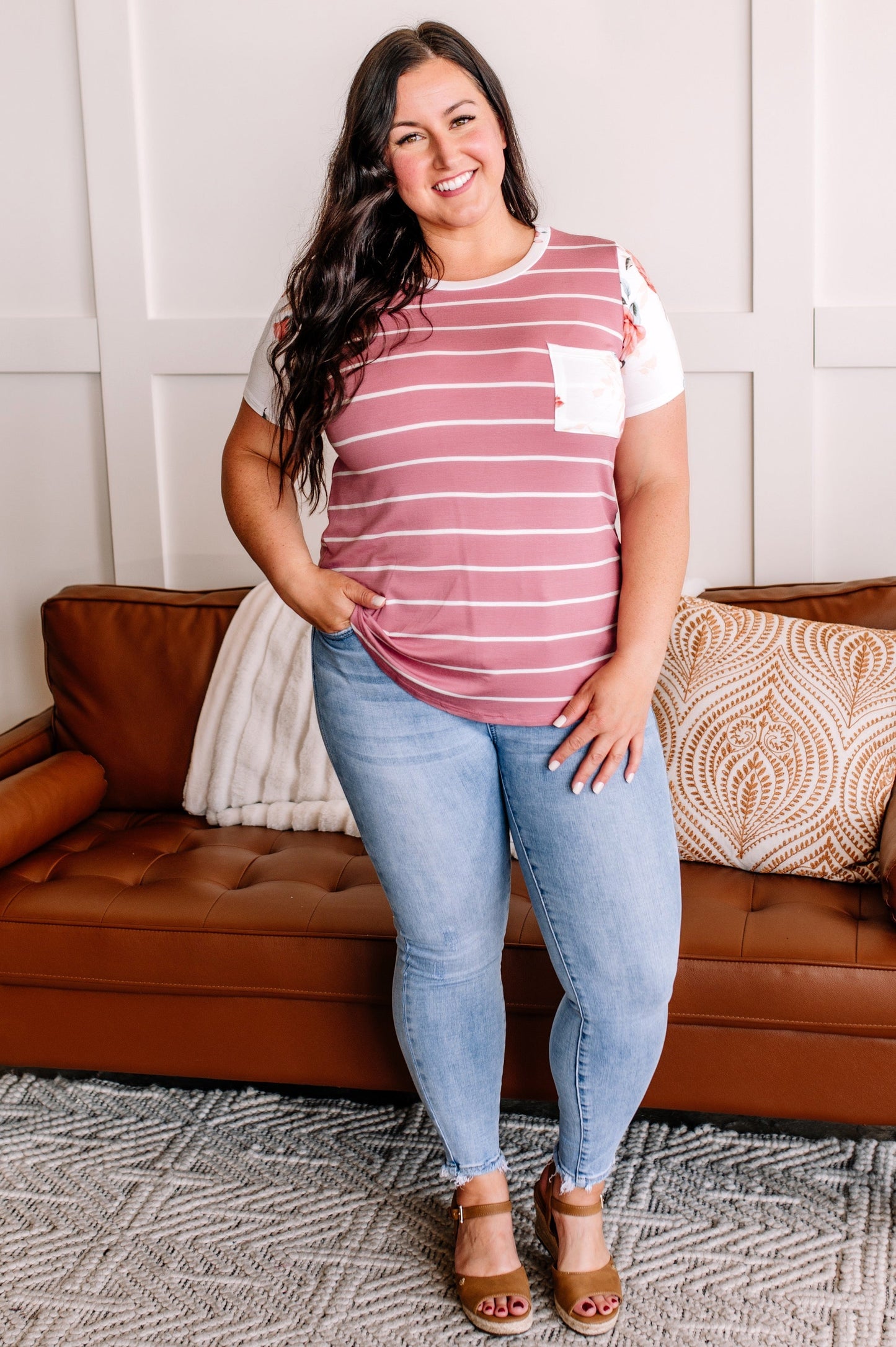 Right At Home Marsala & Ivory Floral Pocket Top