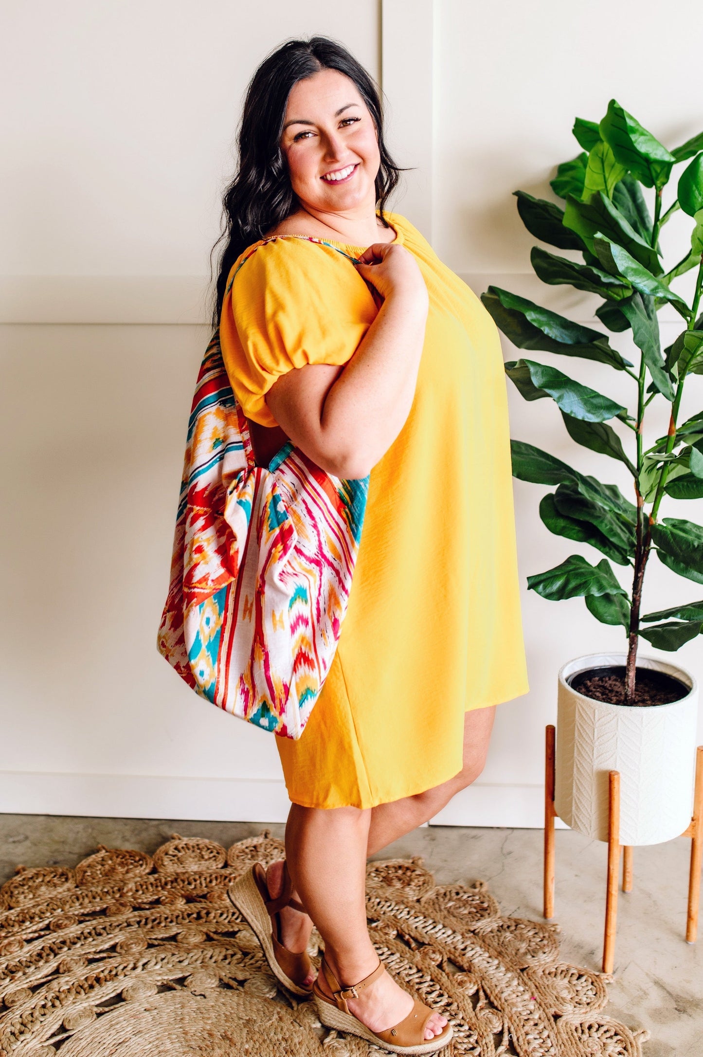 Sunshine Yellow Balloon Sleeve Lined Dress