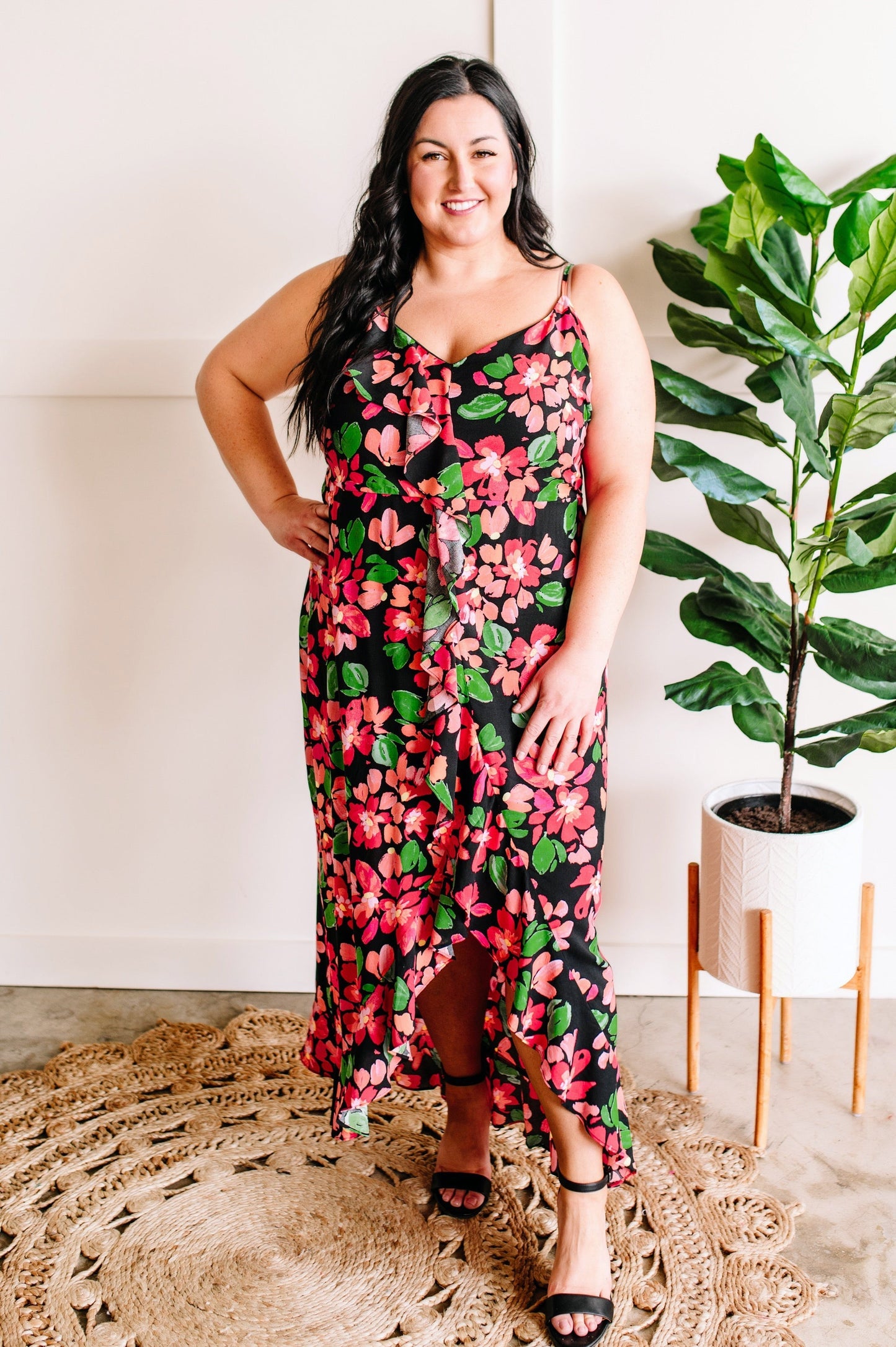 Ruffle Front Dress in Midnight Pink Florals