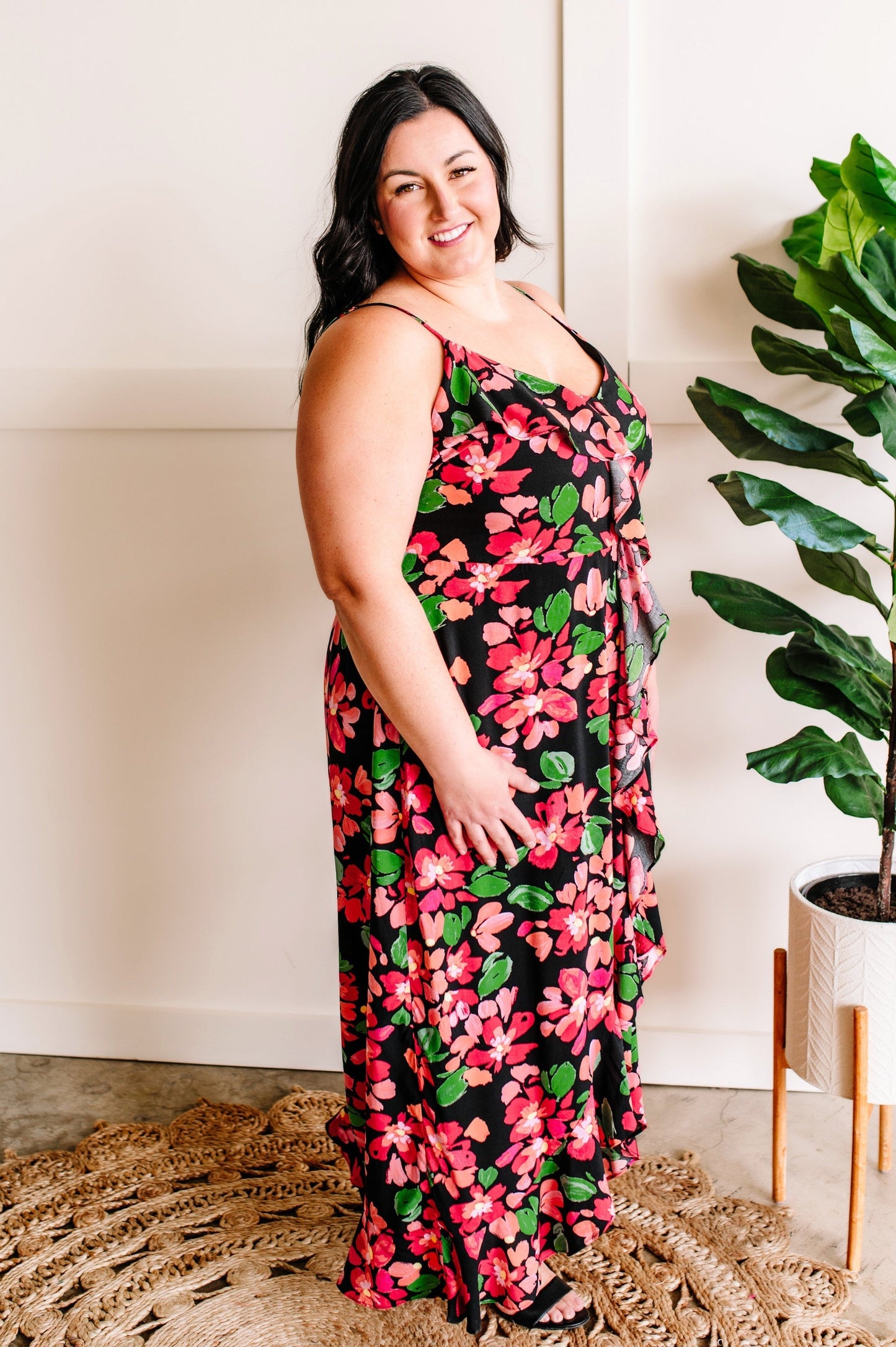 Ruffle Front Dress in Midnight Pink Florals