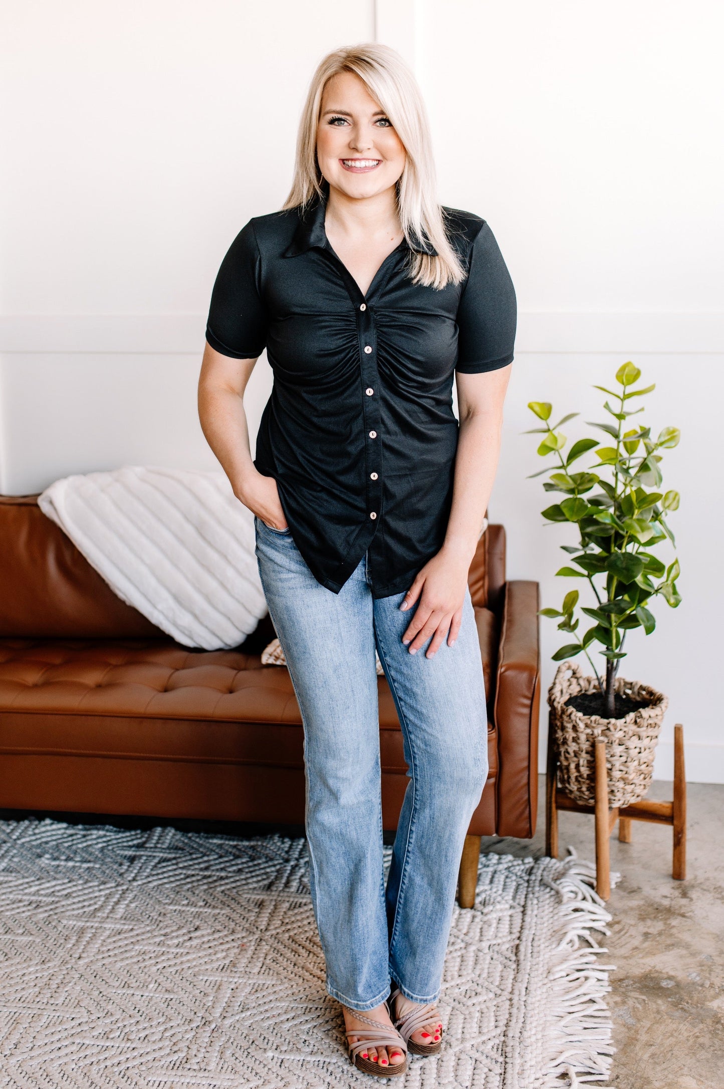 Ruched Button Down Top In Black