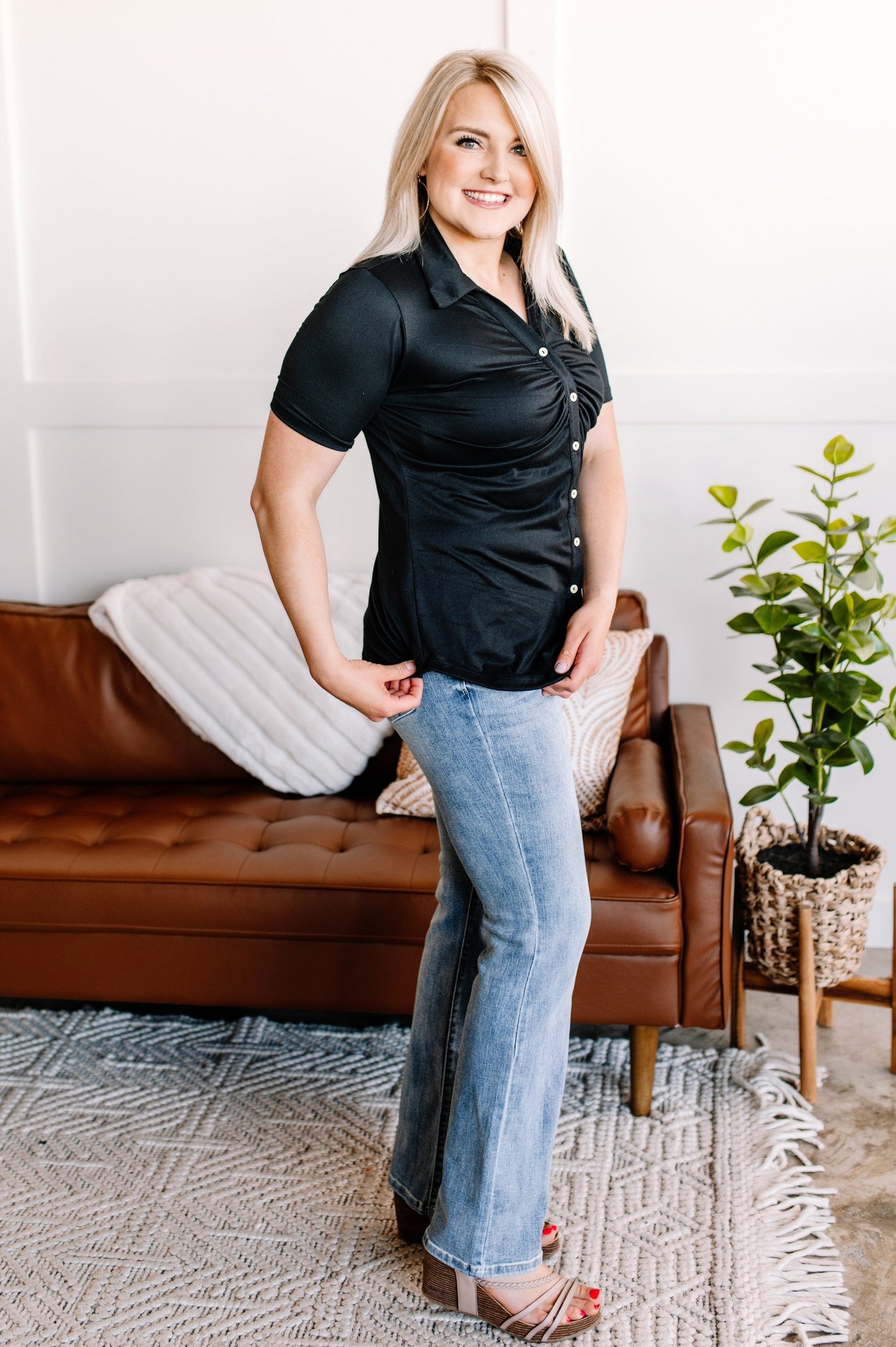 Ruched Button Down Top In Black