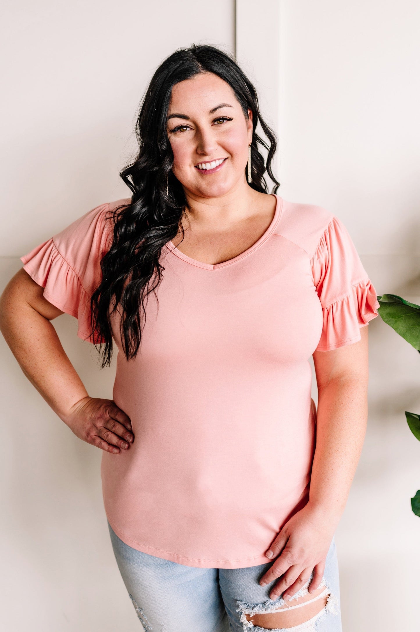 Ruffle Sleeve Tiered Top In Soft Coral Pink