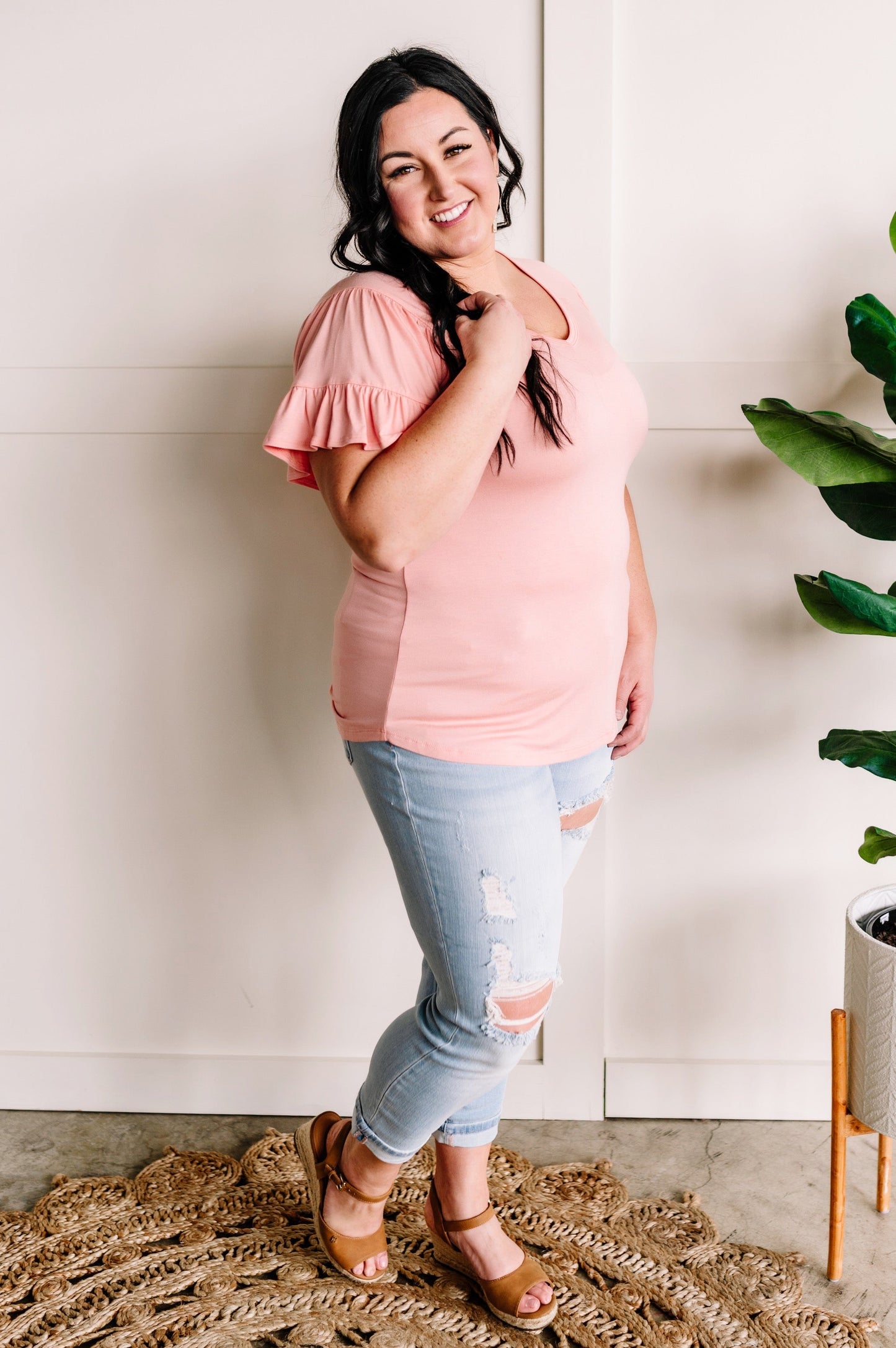 Ruffle Sleeve Tiered Top In Soft Coral Pink