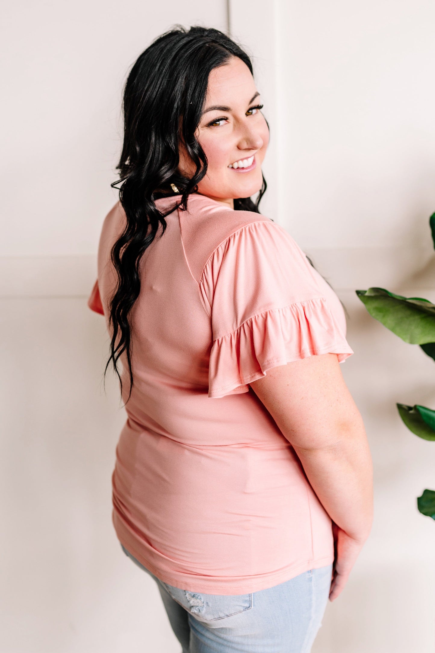 Ruffle Sleeve Tiered Top In Soft Coral Pink