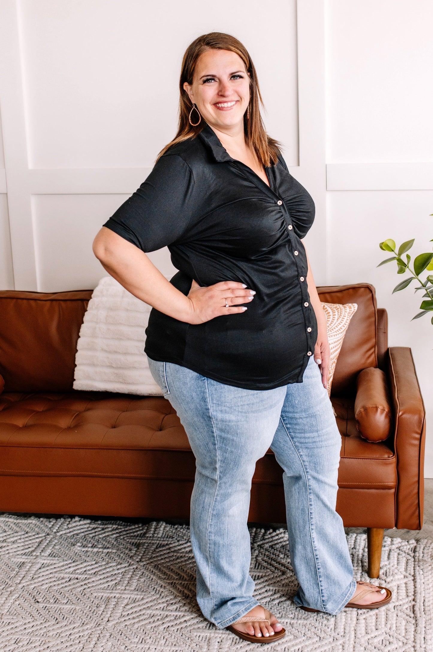 Ruched Button Down Top In Black