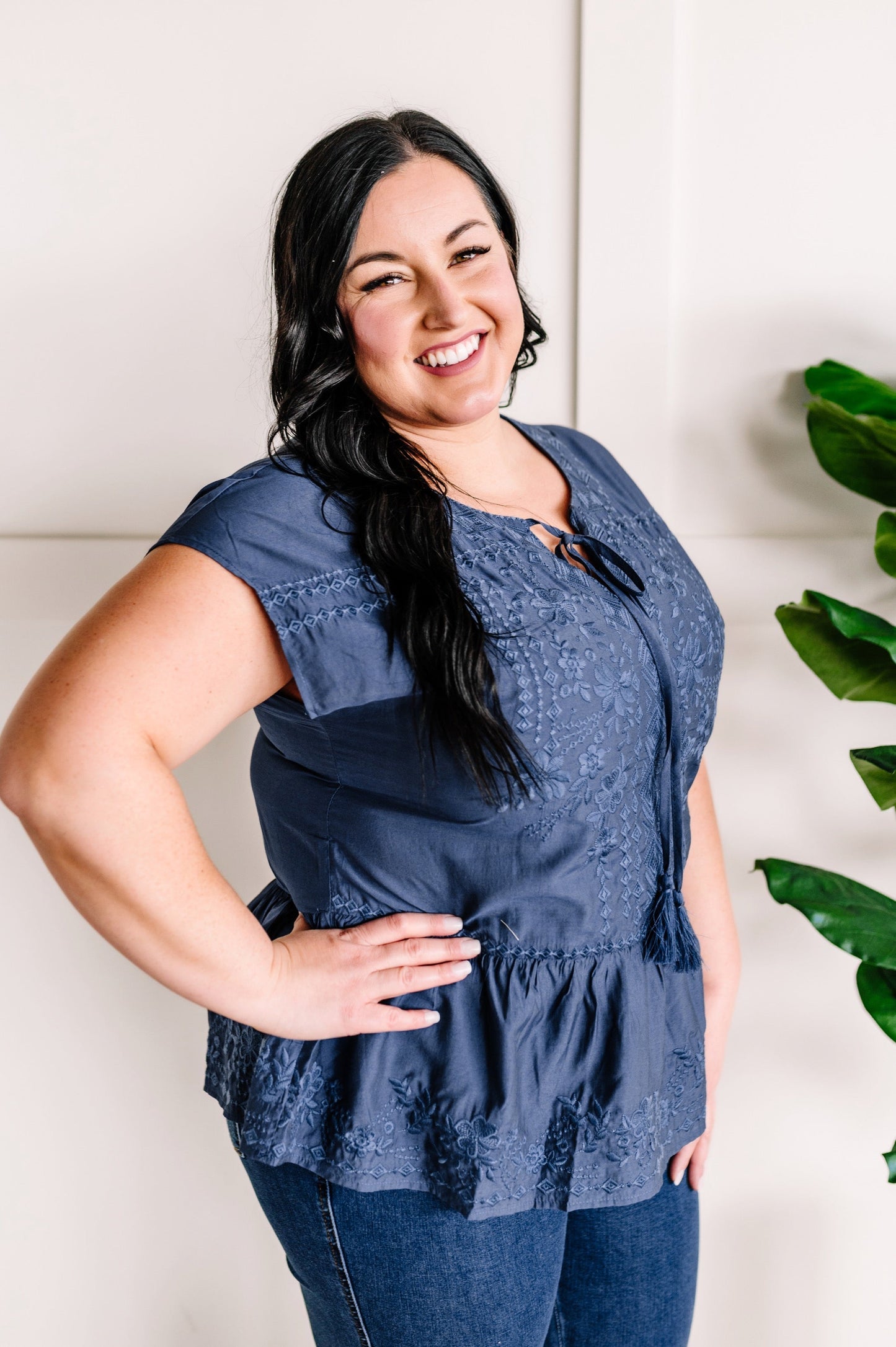 Savanna Jane Embroidered Tie Front Blouse In Blue
