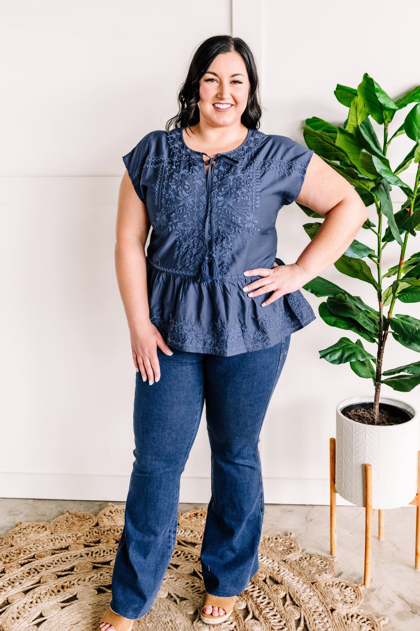 Savanna Jane Embroidered Tie Front Blouse In Blue