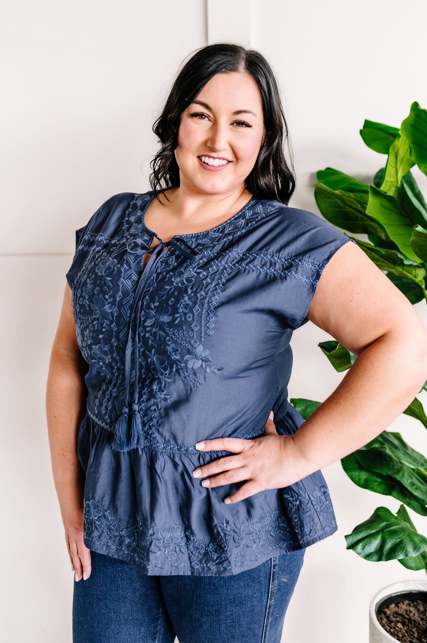 Savanna Jane Embroidered Tie Front Blouse In Blue