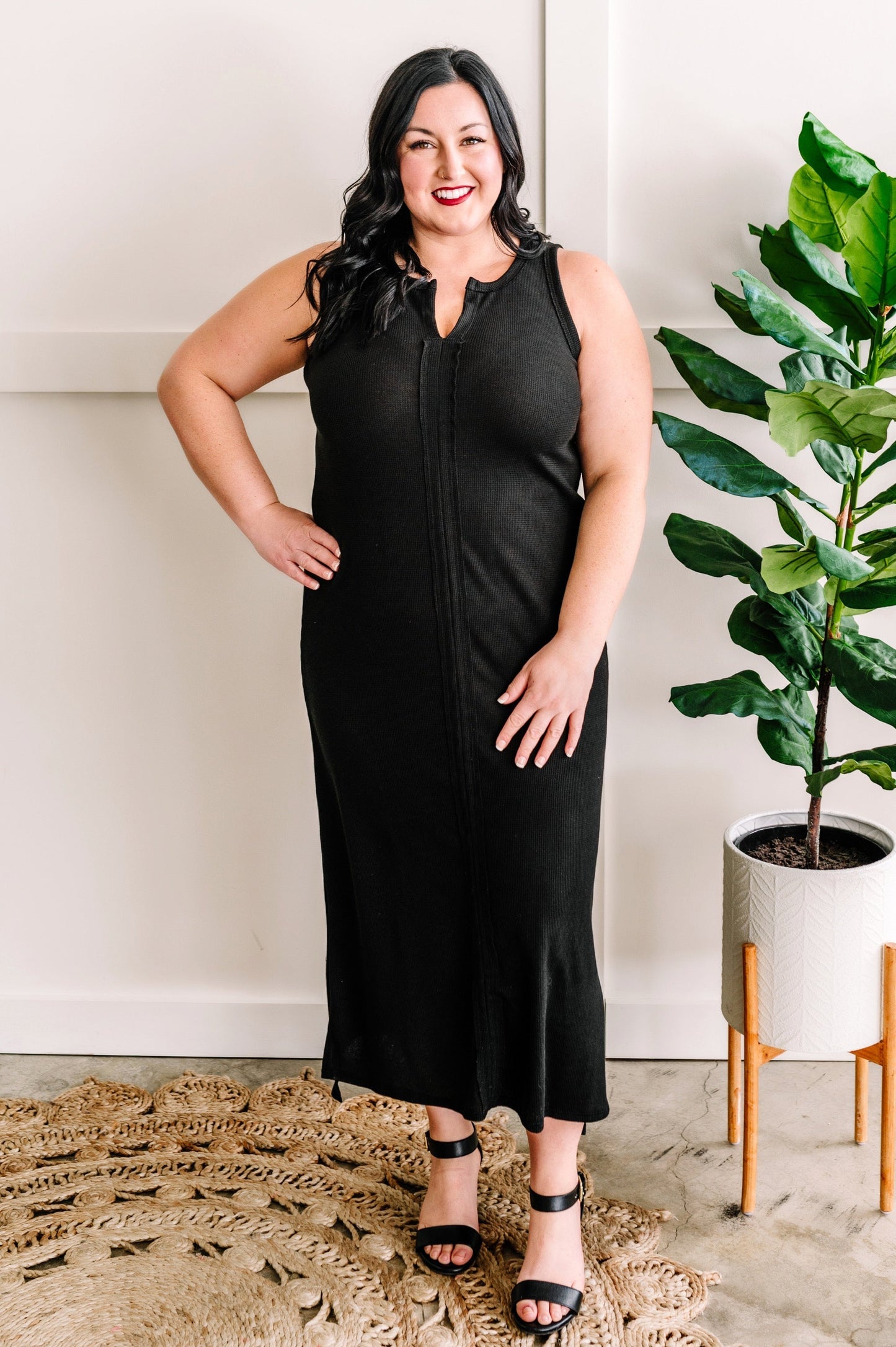 Textured Knit Side Slit Maxi Dress in Black