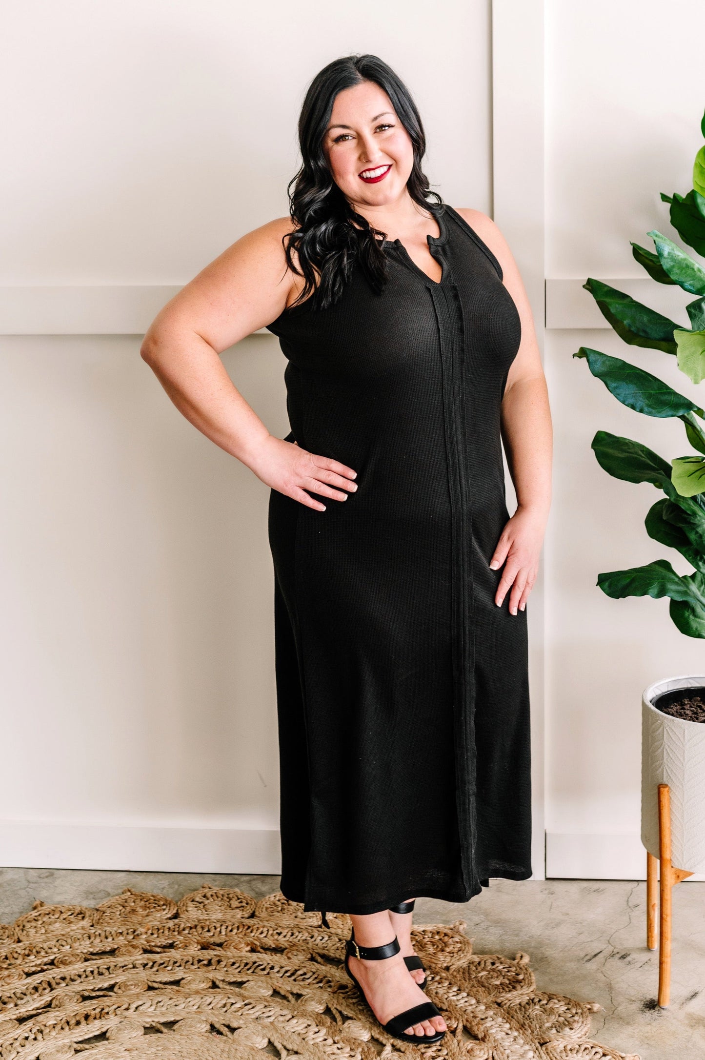 Textured Knit Side Slit Maxi Dress in Black