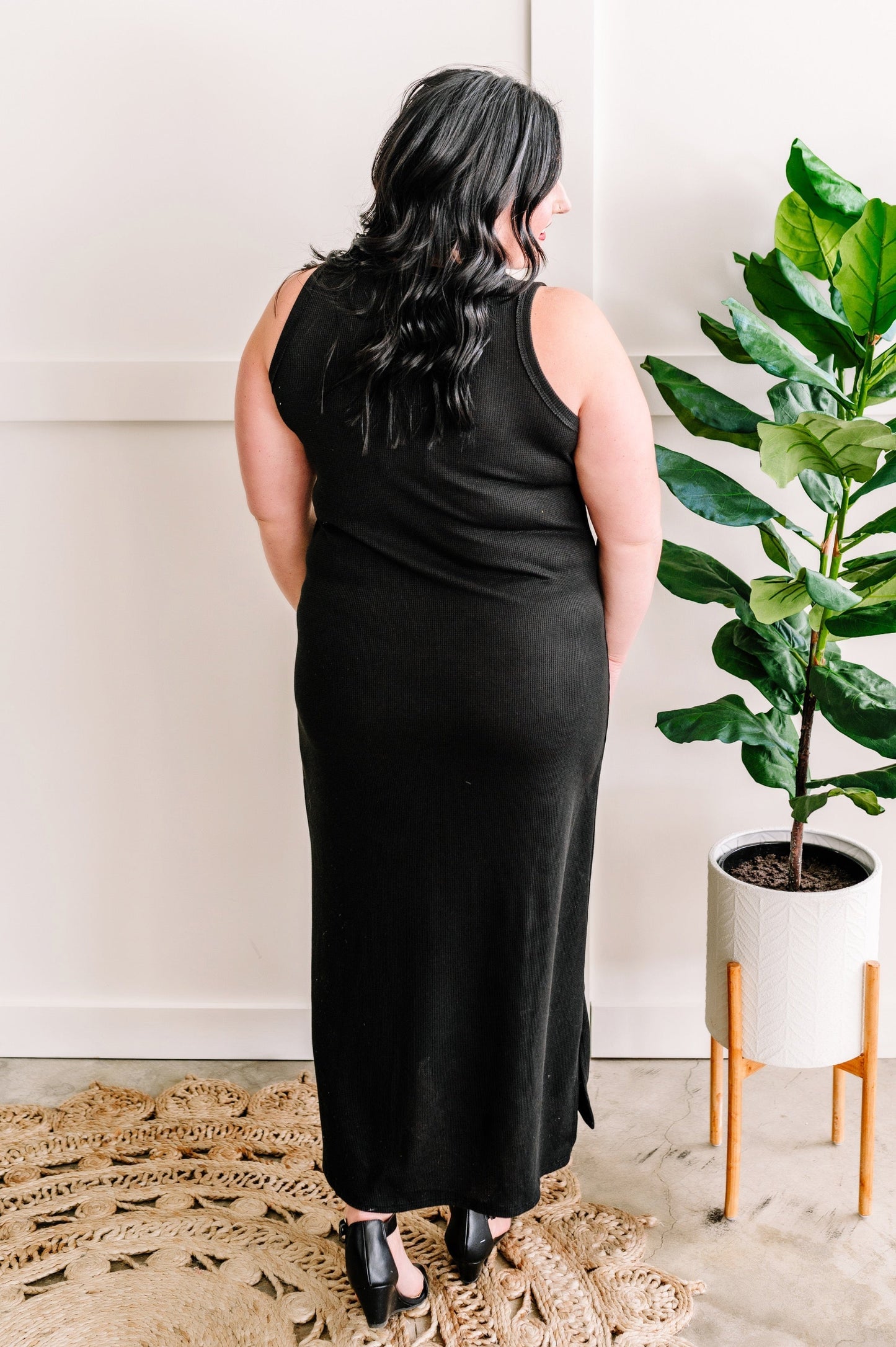 Textured Knit Side Slit Maxi Dress in Black