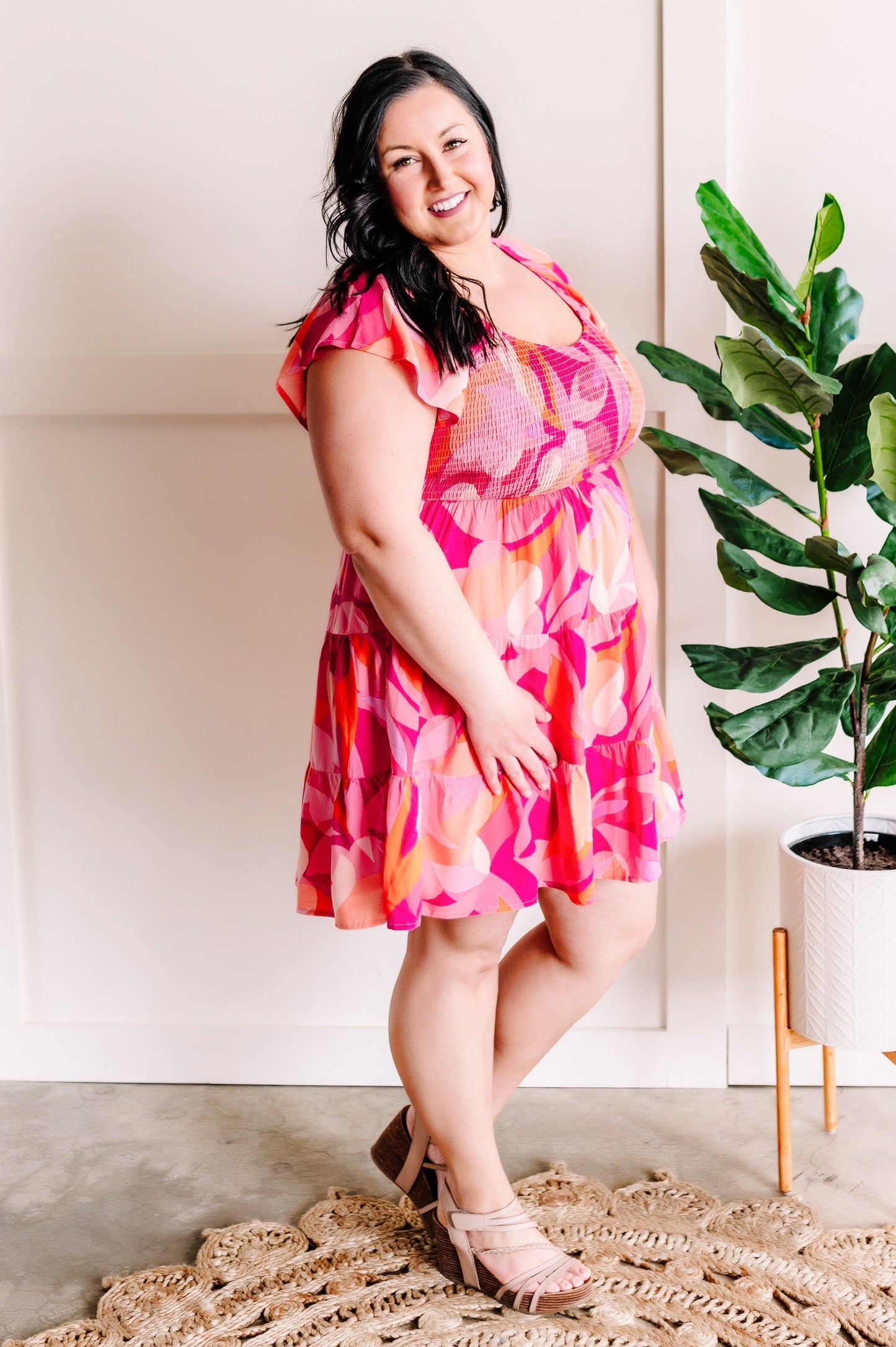 Smocked Midi Dress In Bright Disco Days