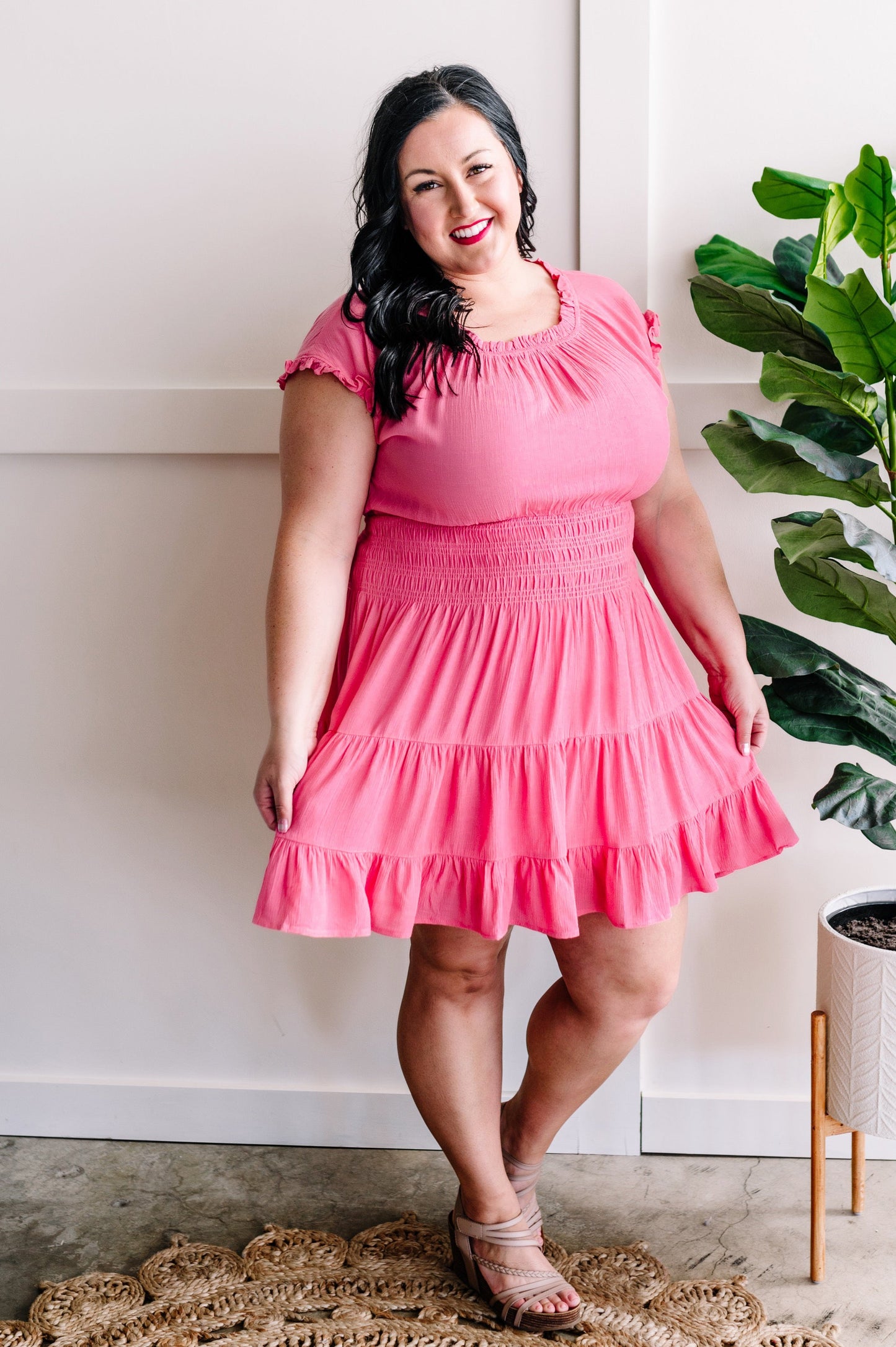 Smocked Tiered Dress In Pink Taffy *REGULAR SIZES ONLY*