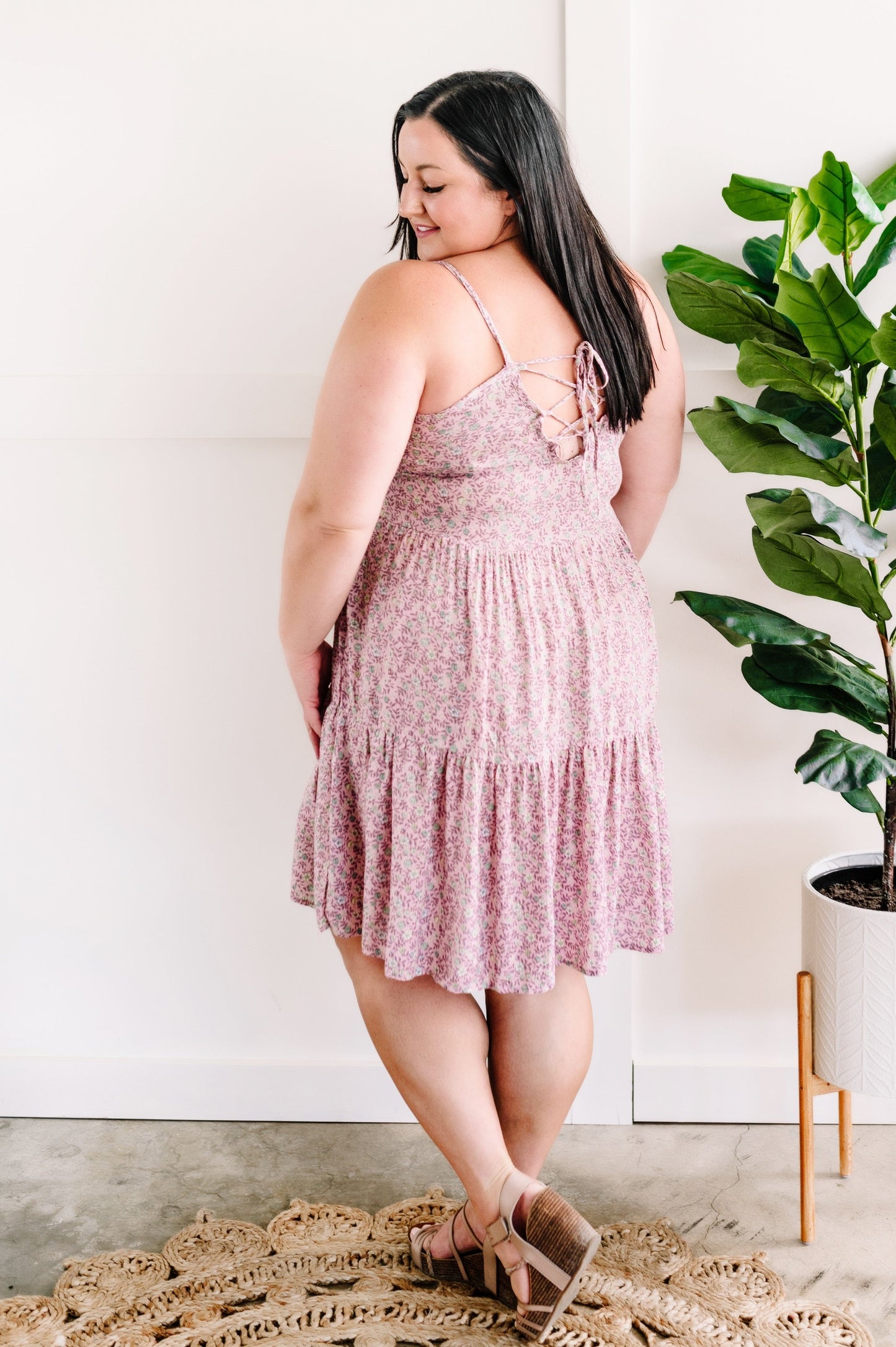 Tiered Floral Dress In Lilac With Back Criss Cross Tie Detail